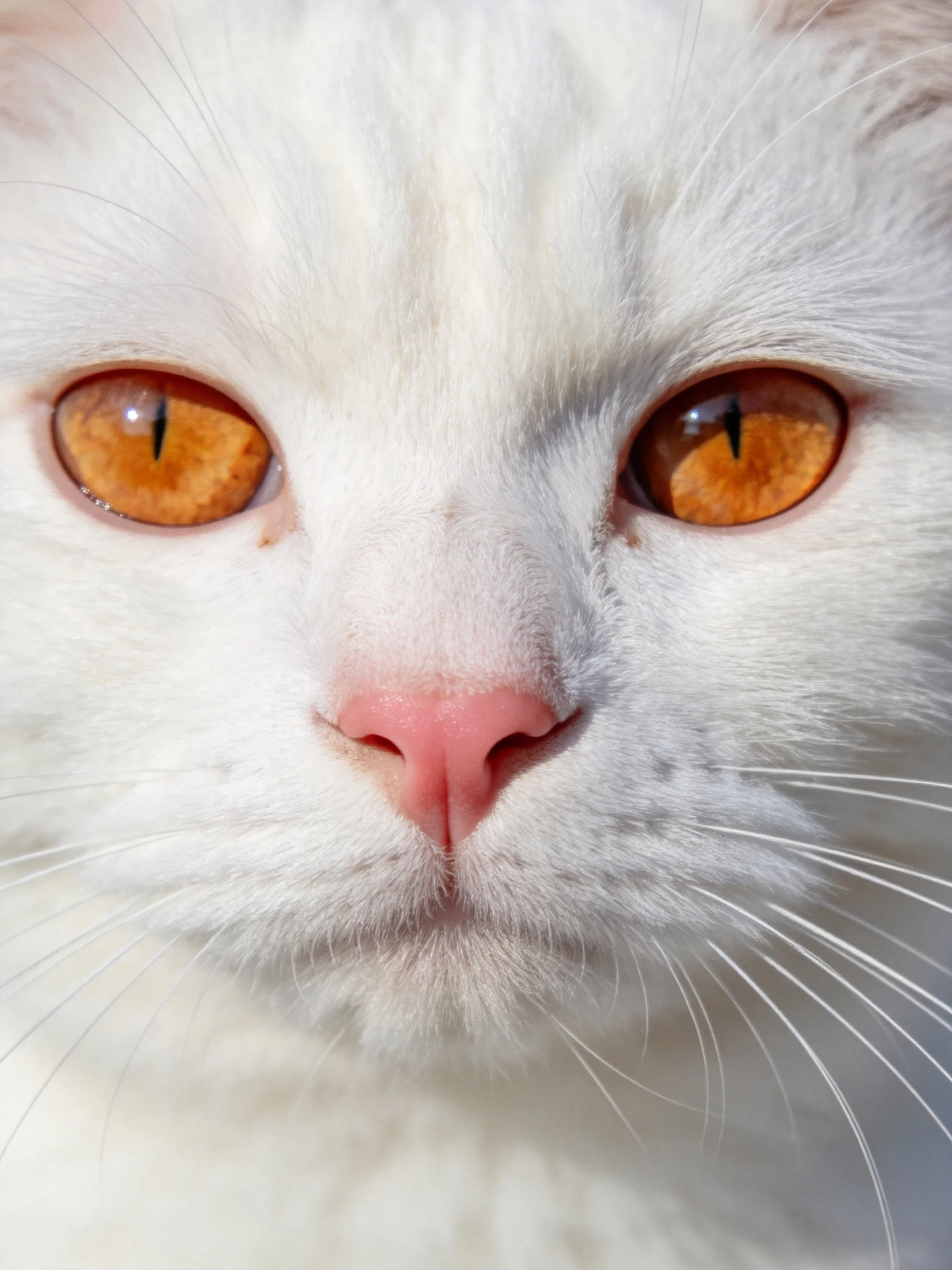Close - up of a white cat with amber eyes and pink nose