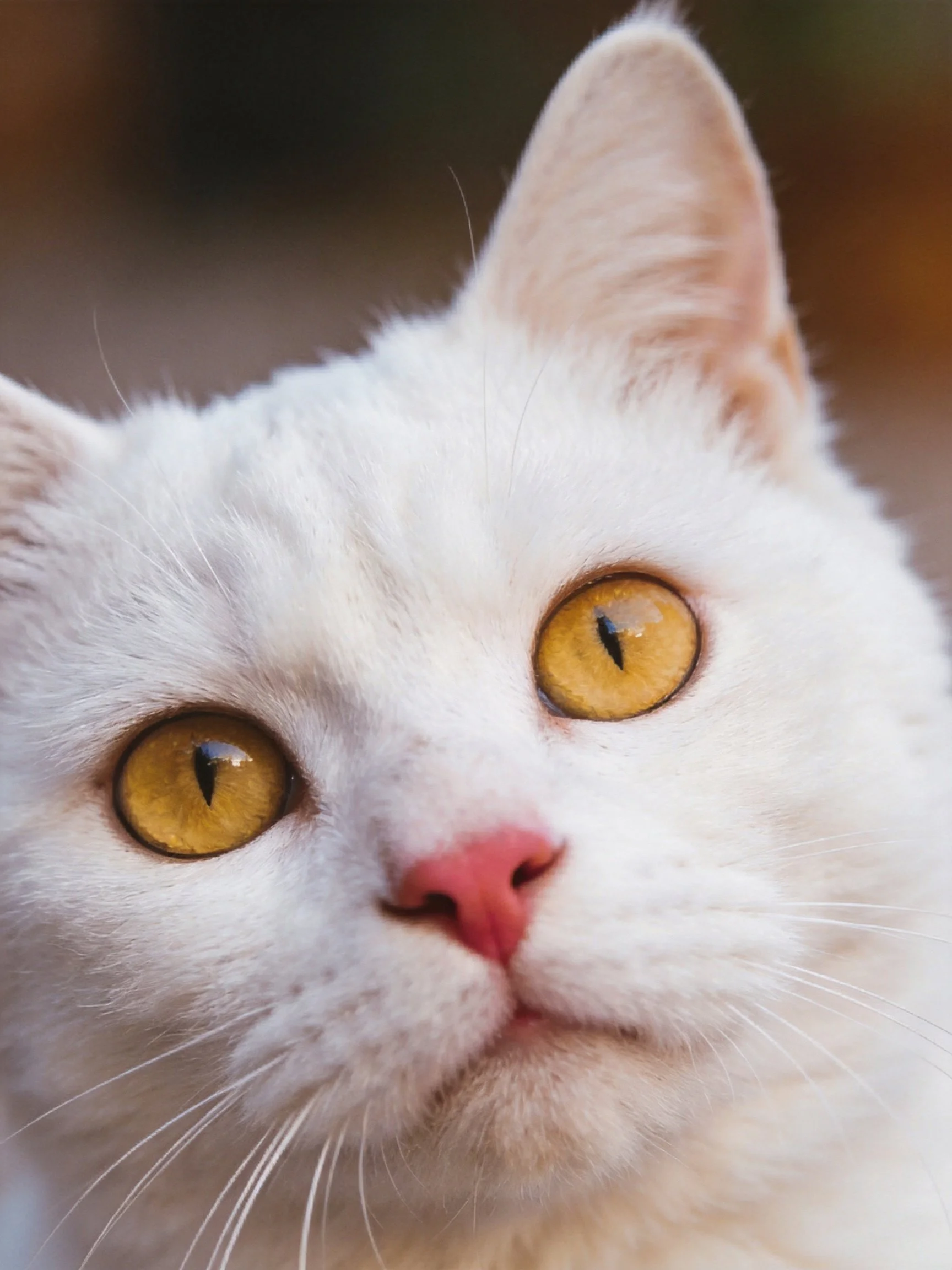 A close - up of a white cat with golden eyes and pink nose.