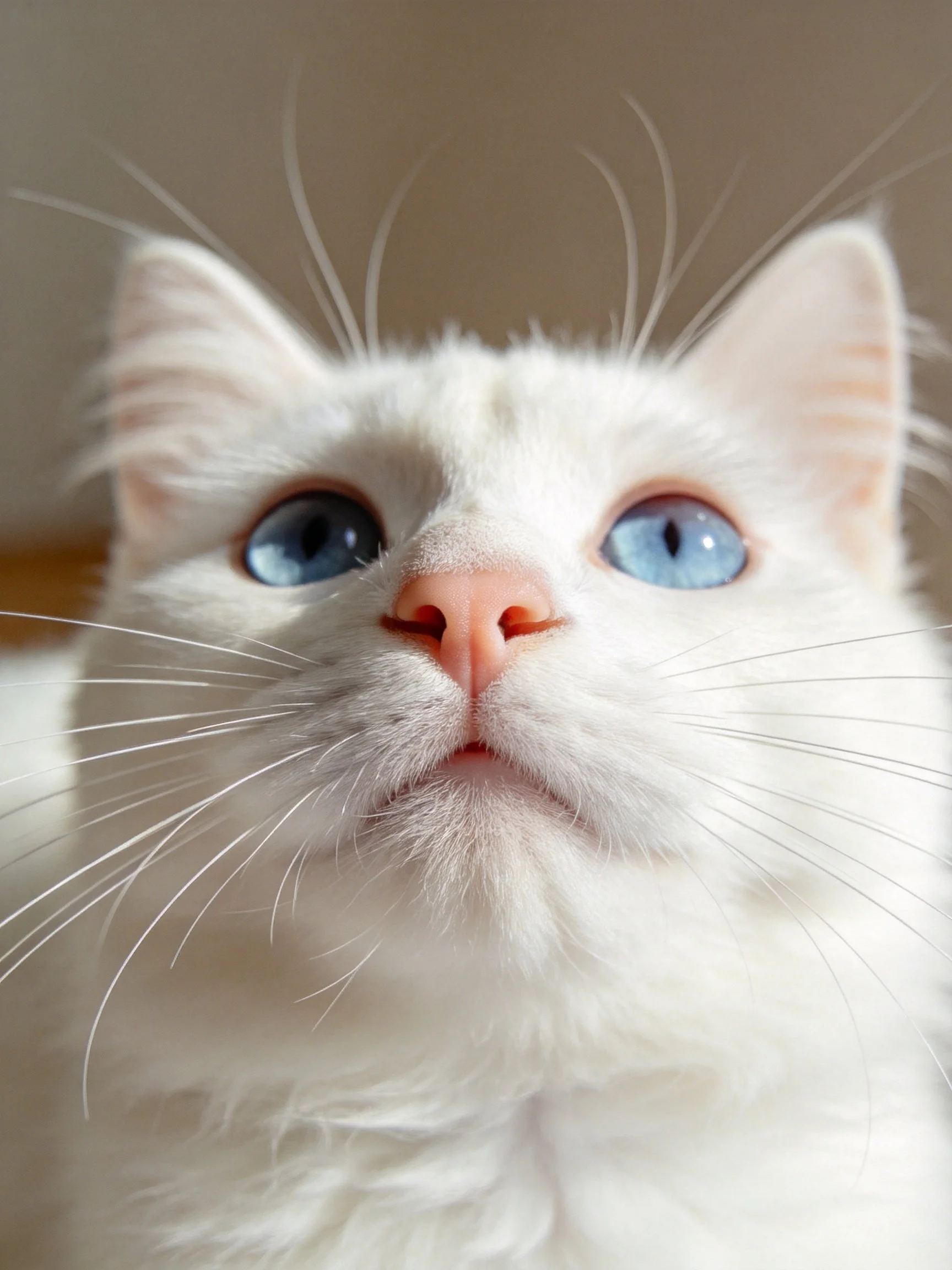 A white cat with blue eyes is depicted in a close - up photograph.