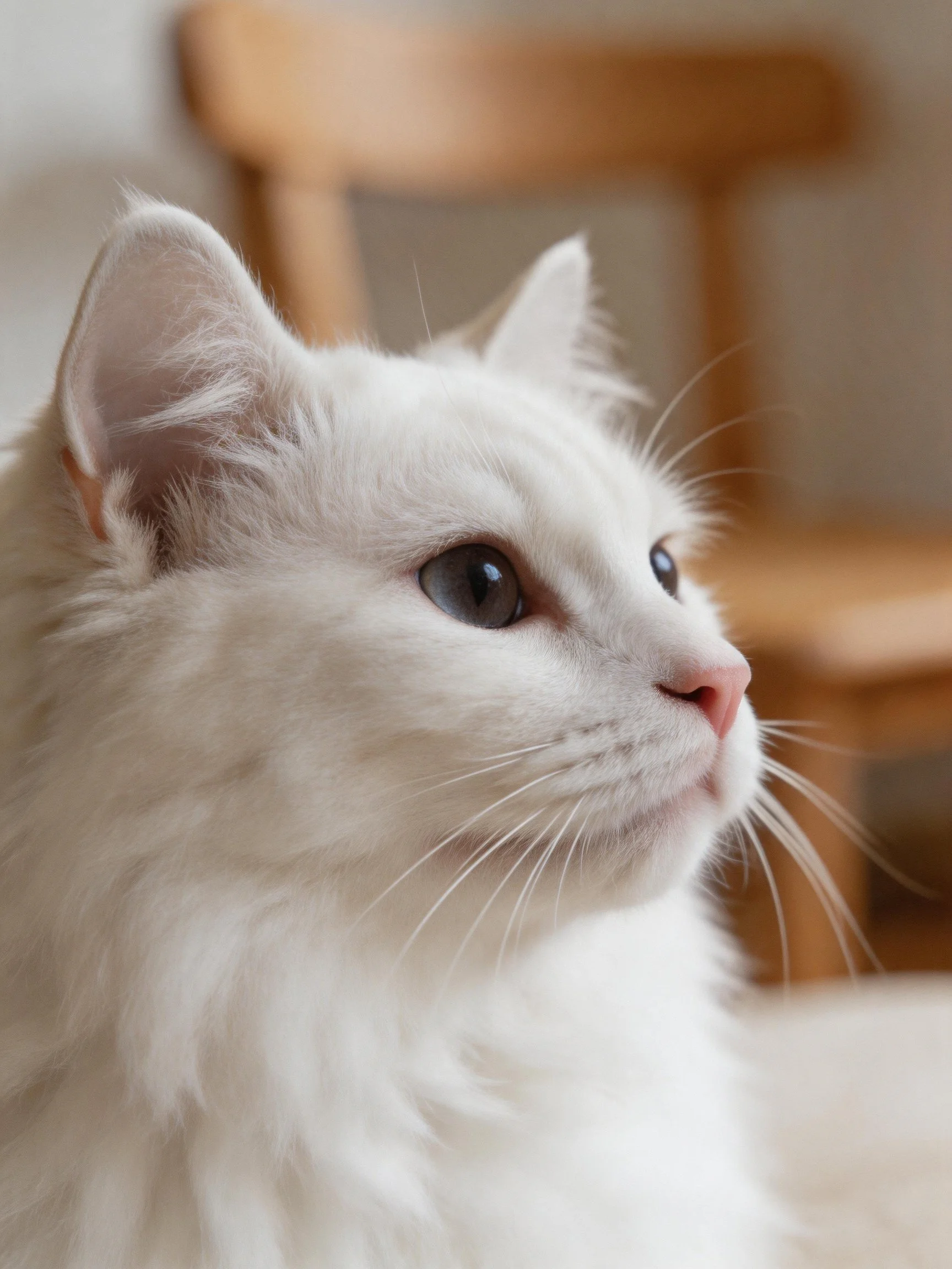 A white fluffy cat with blue eyes looks toward the right beside a wooden chair.
