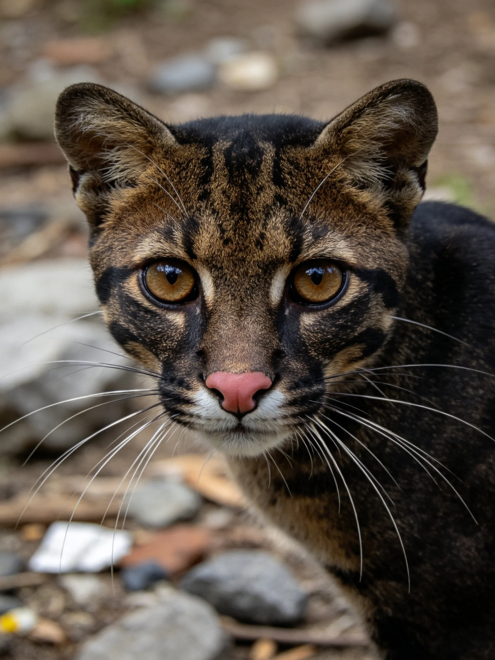 Close - up of a wild cat with dark brown and black spotted fur