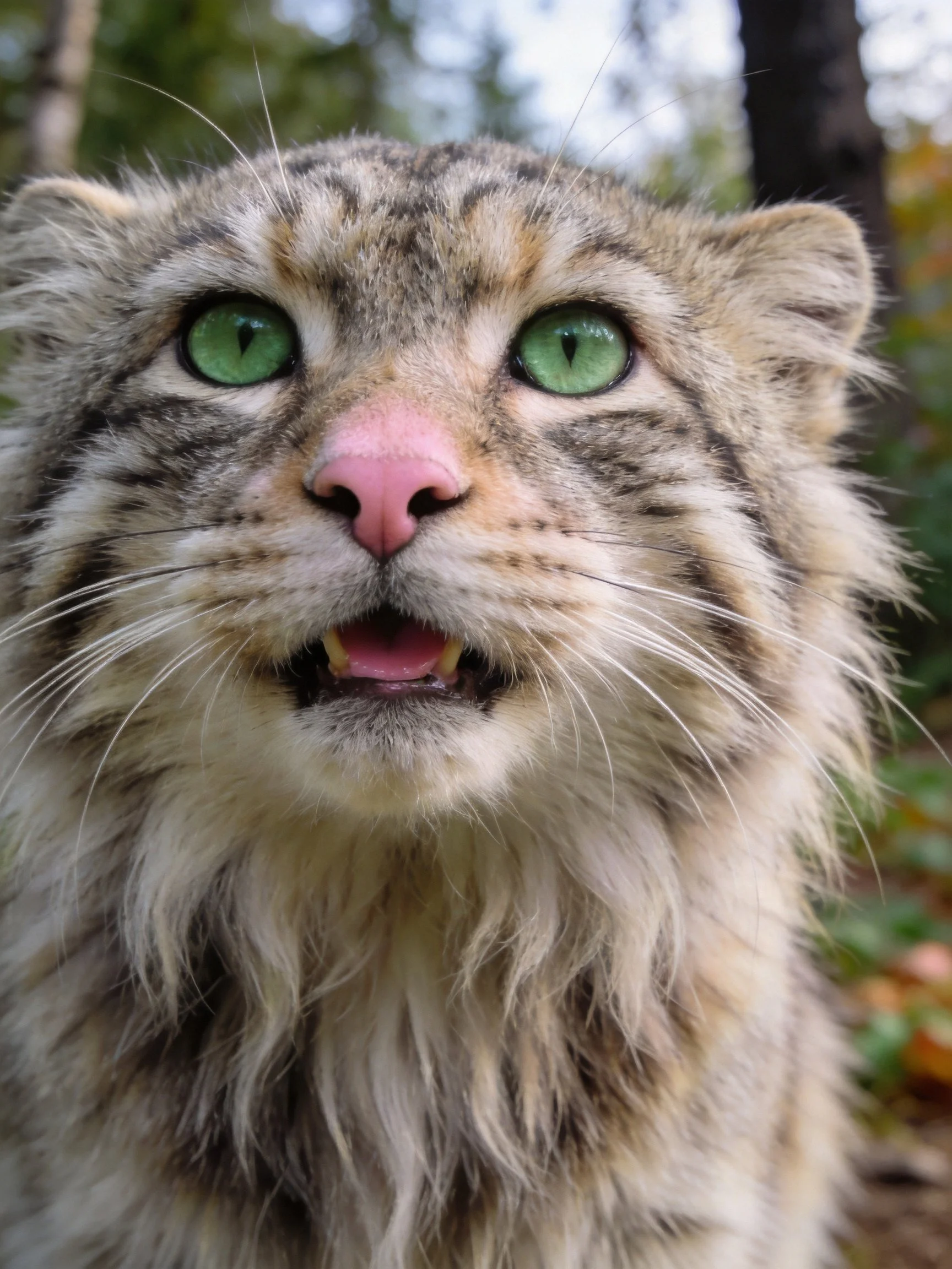 Close - up of a wildcat with bright green eyes and thick fur