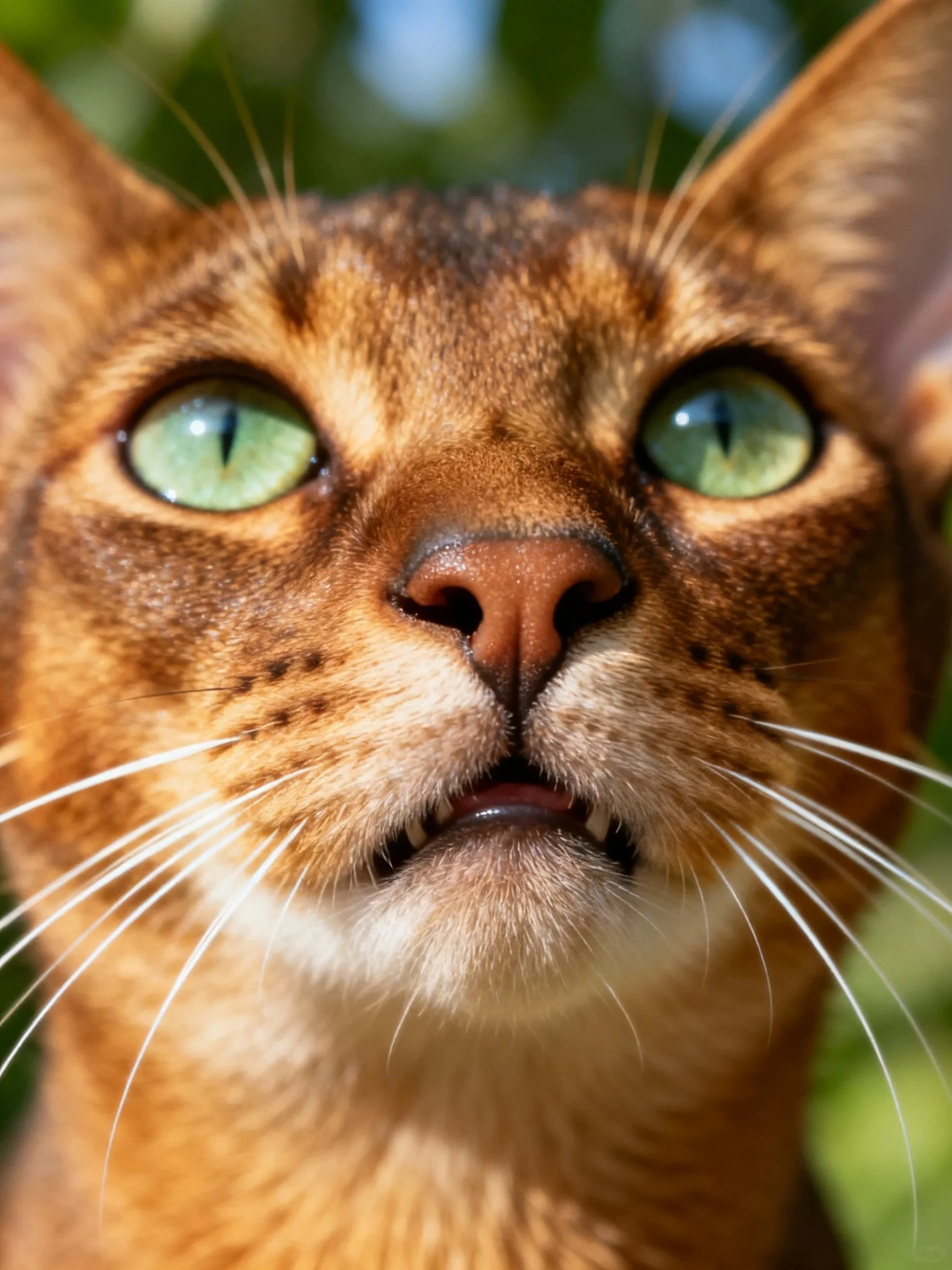Close - up of an Abyssinian cat with bright green eyes and reddish - brown fur