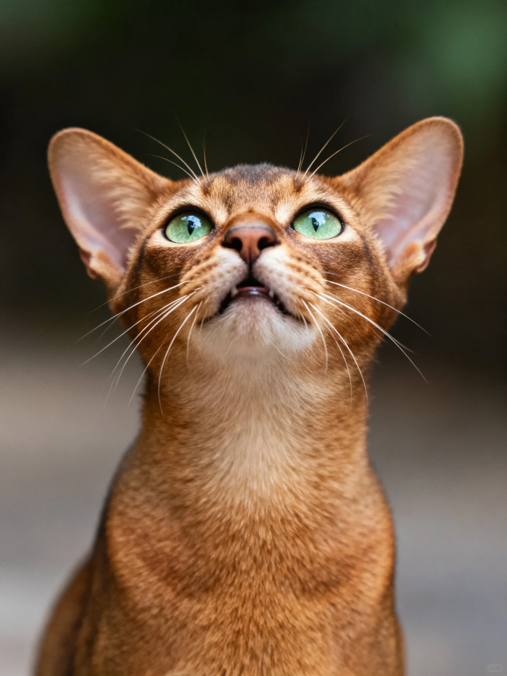 Close-up of an Abyssinian cat with green eyes and reddish-brown fur