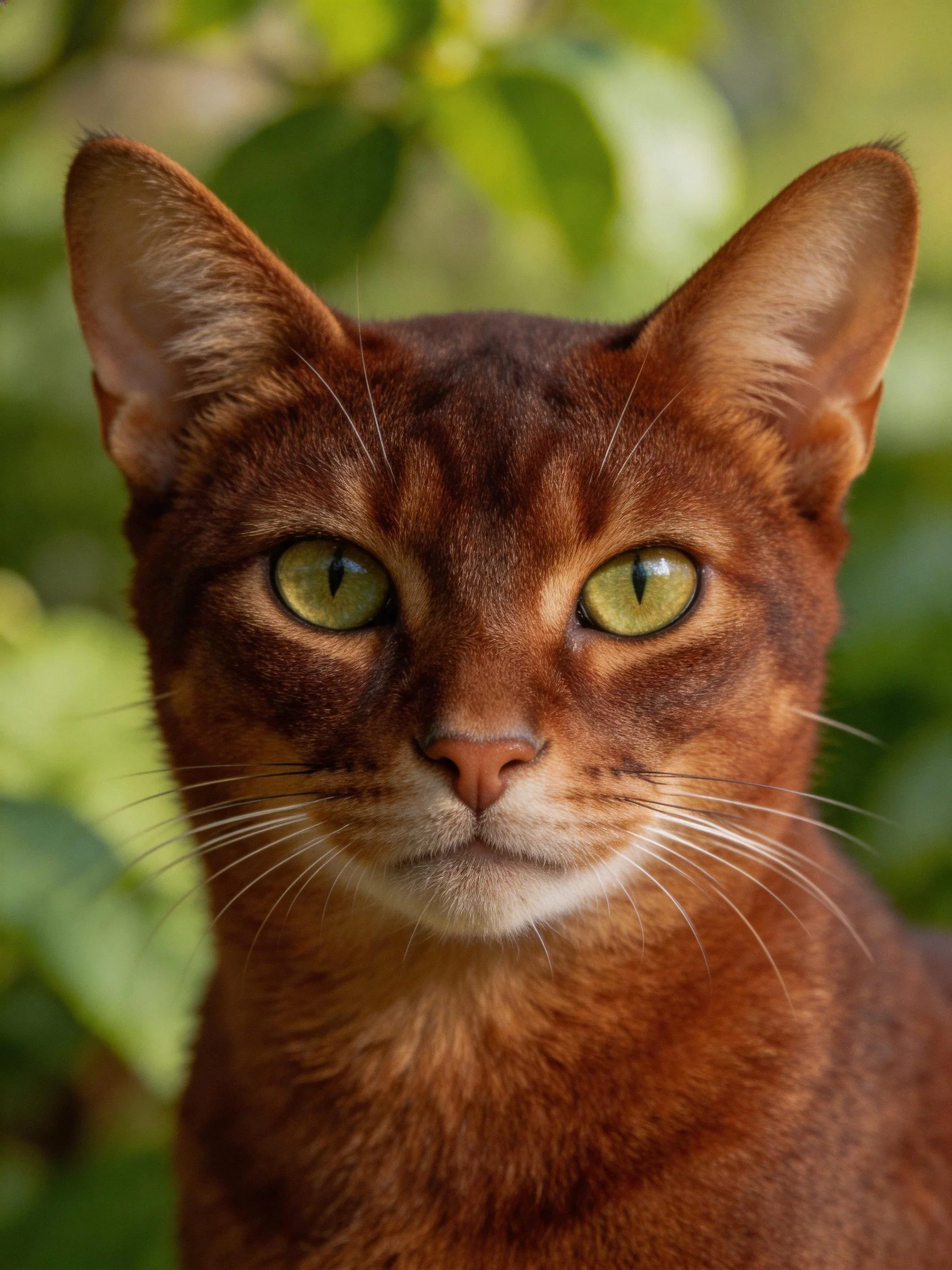 Close-up of an Abyssinian cat withcopper fur and green eyes
