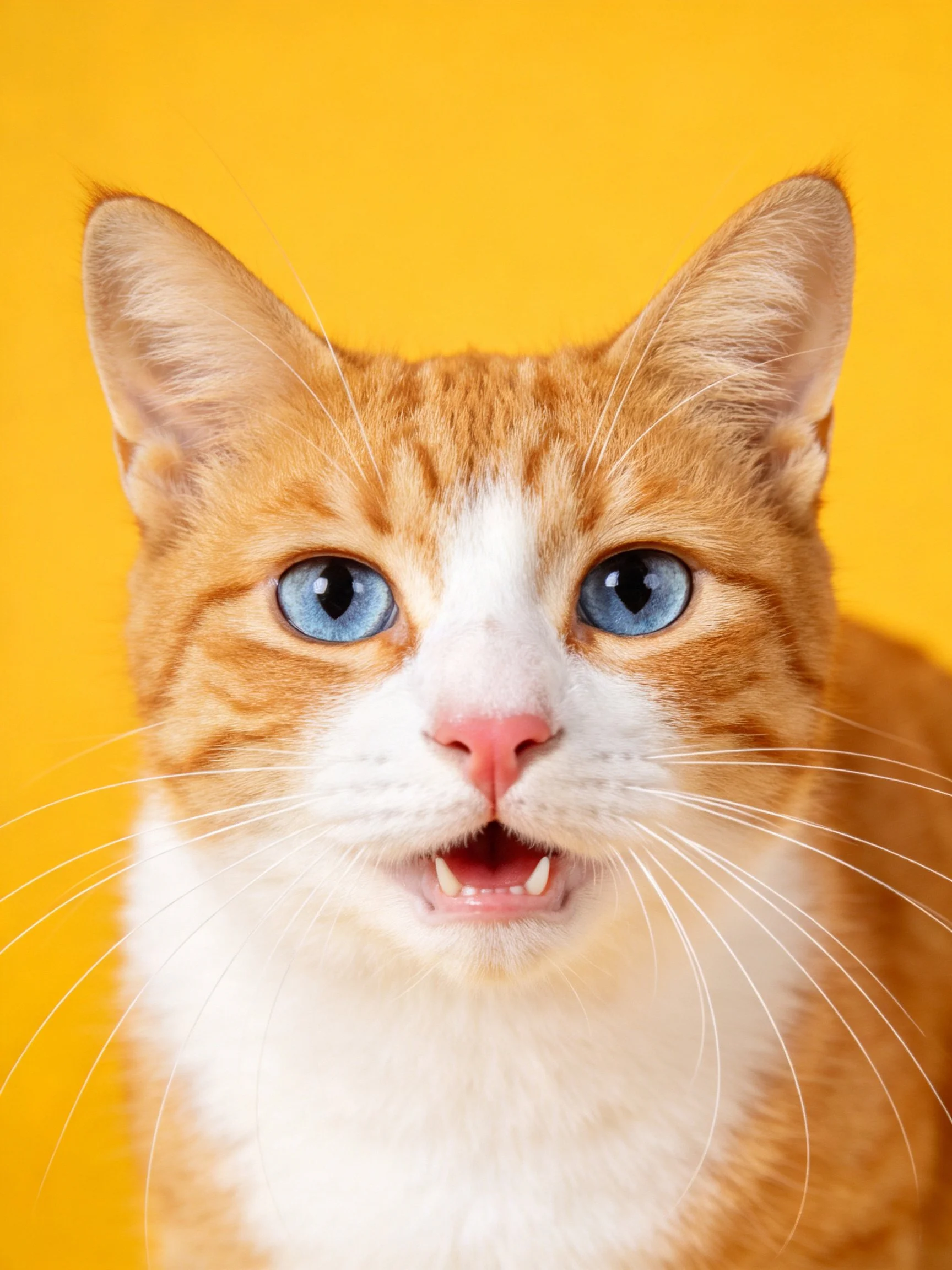 Close - up of an orange and white cat with blue eyes against a yellow background