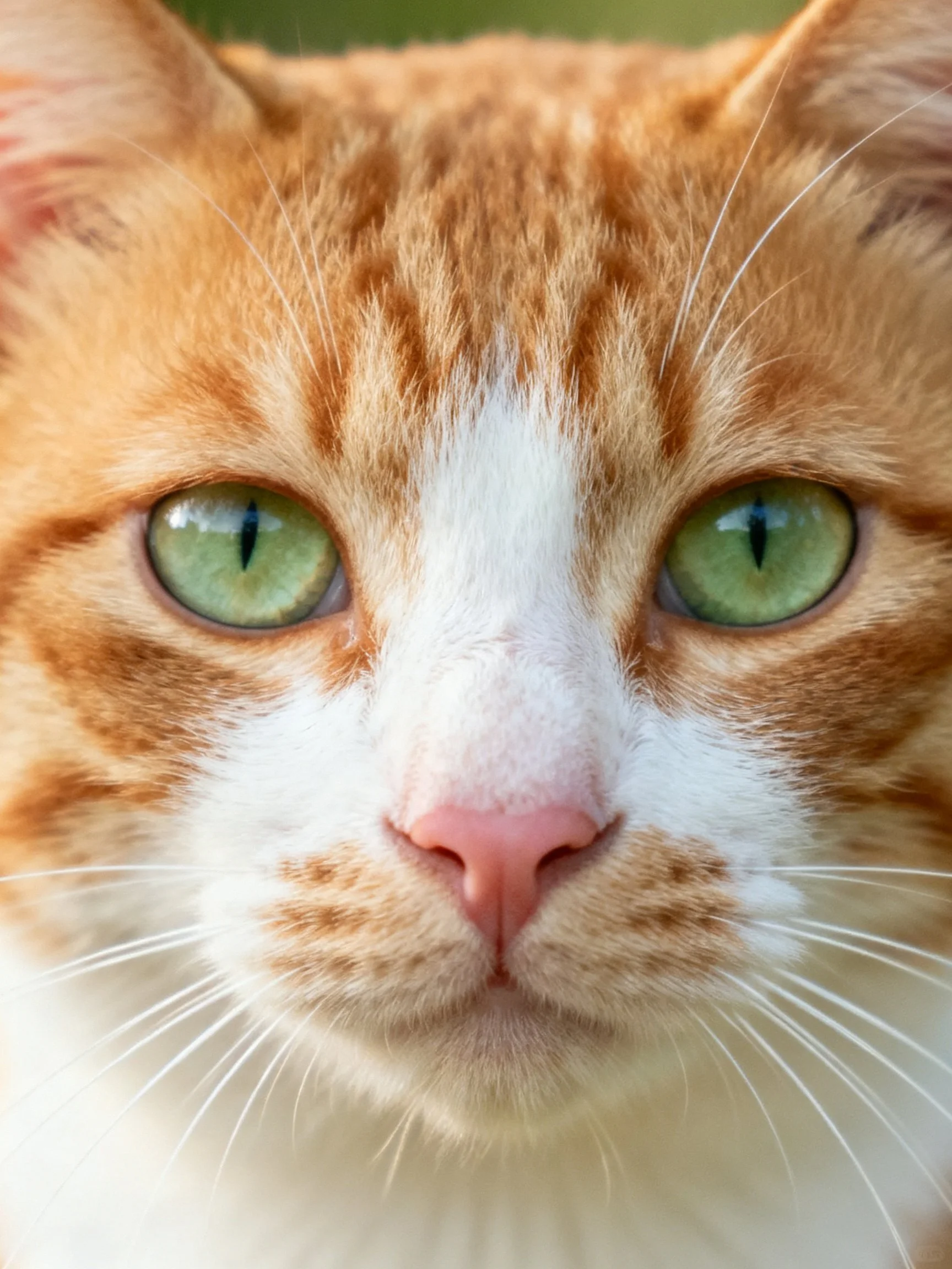 A close-up focuses on an orange and white cat with vibrant green eyes.