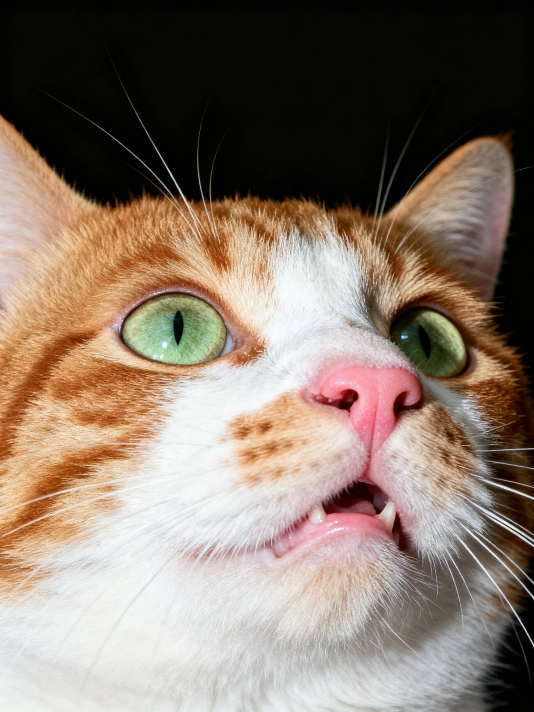 A close - up shows an orange and white cat with vivid green eyes.