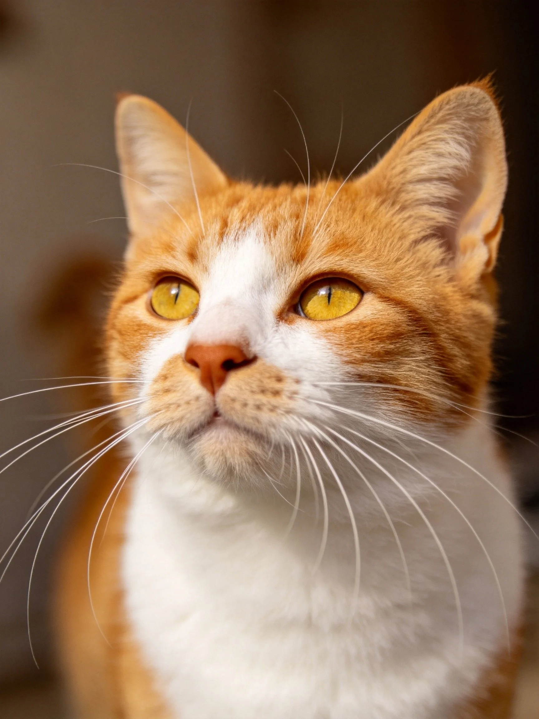 A close-up of an orange and white cat gazes attentively under soft lighting.