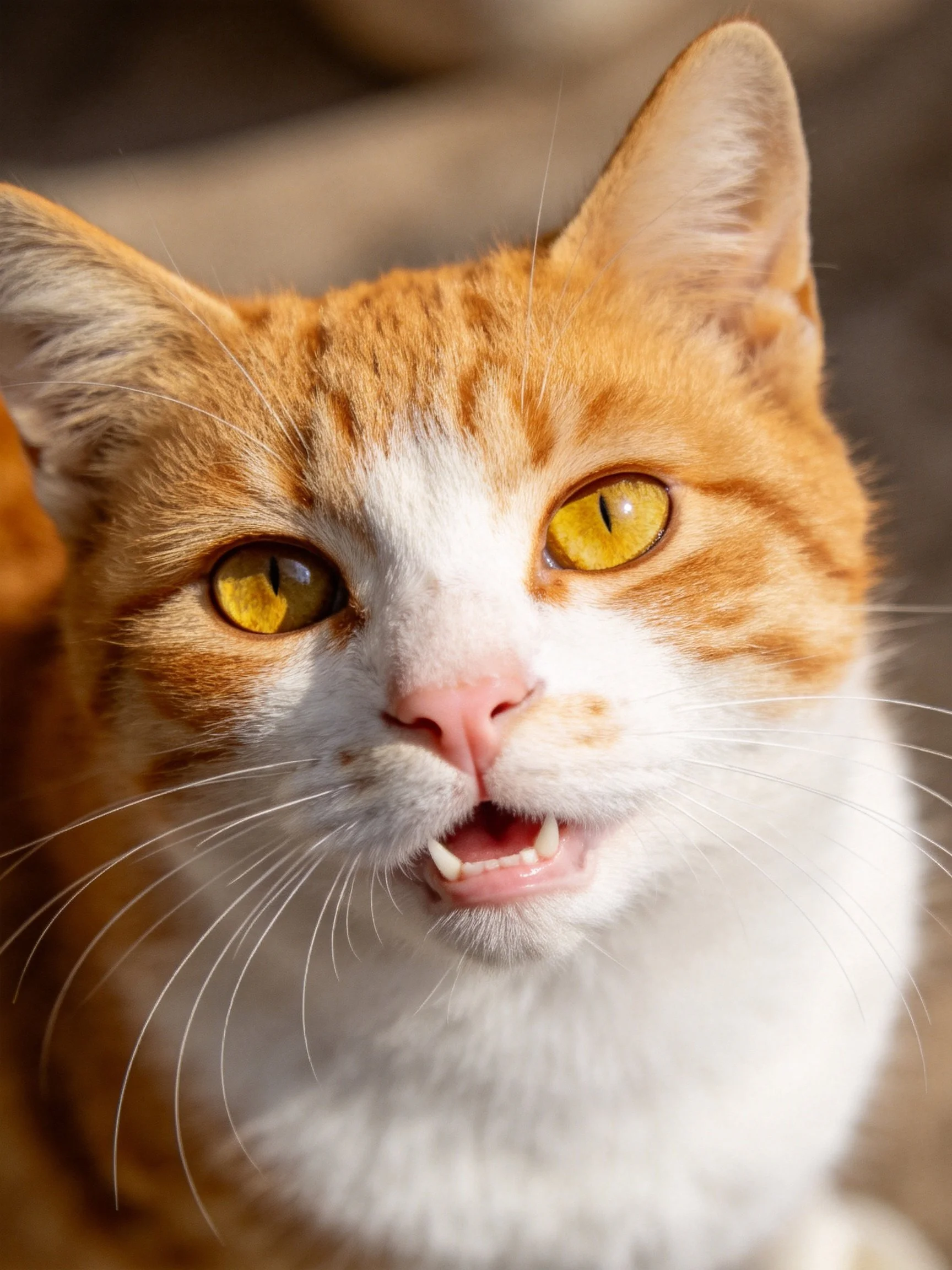 A detailed shot focuses on an orange and white cat with yellow eyes.