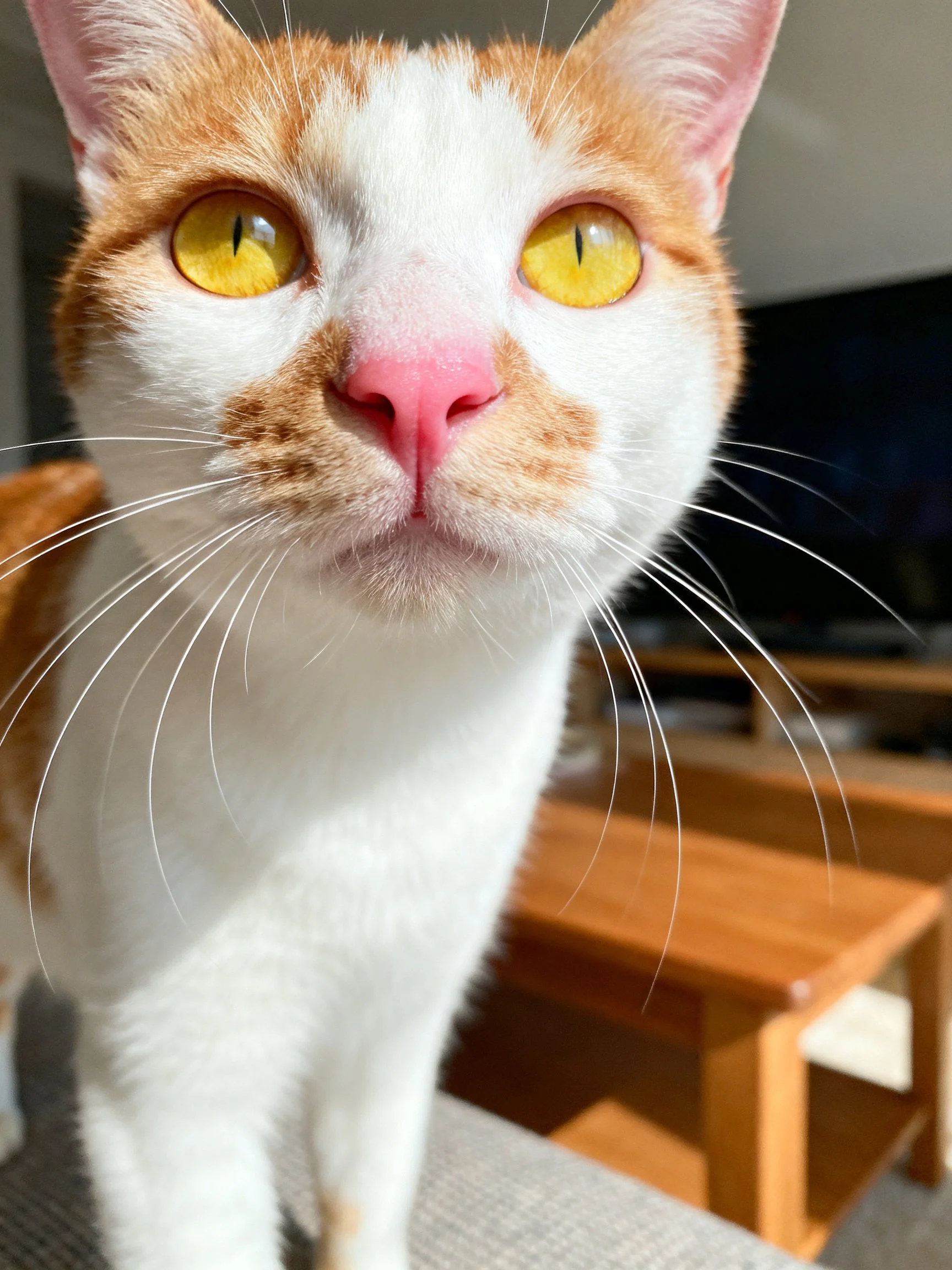 A close - up shows an orange and white cat with bright yellow eyes.
