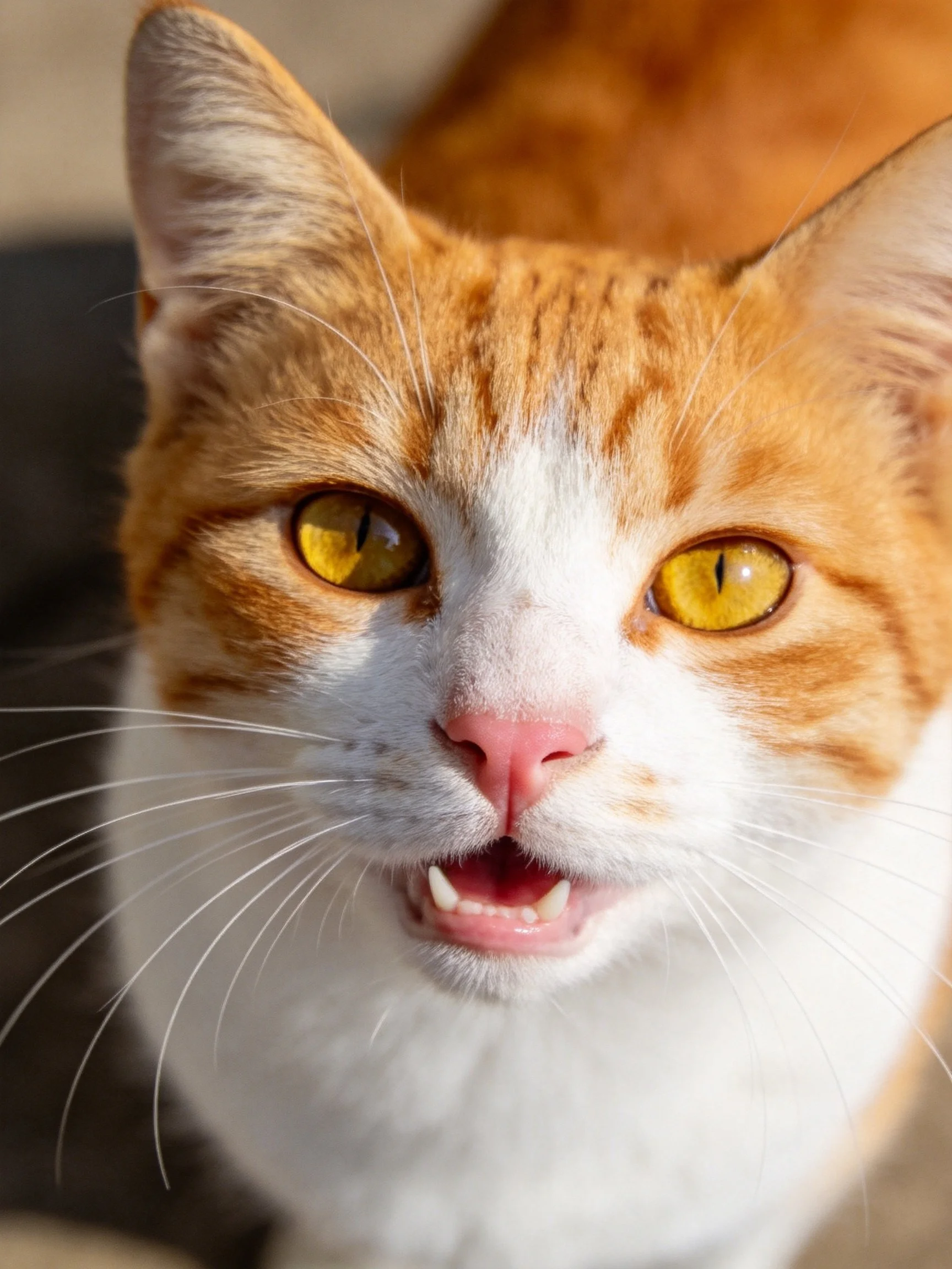 A close-up view of an orange and white cat with striking yellow eyes.