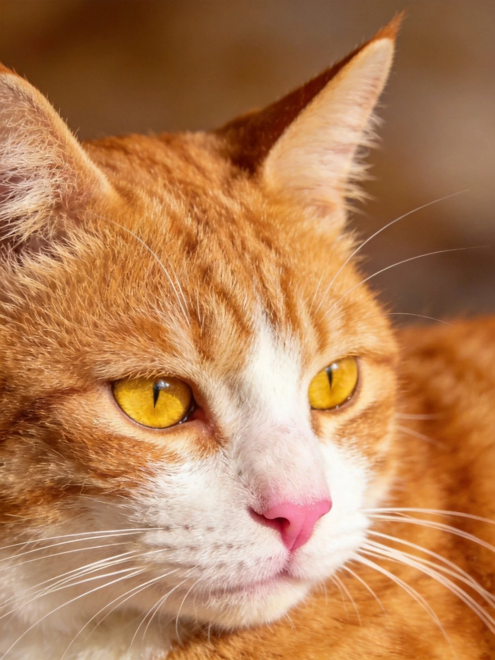 A close-up shot highlights an orange and white cat with bright yellow eyes.