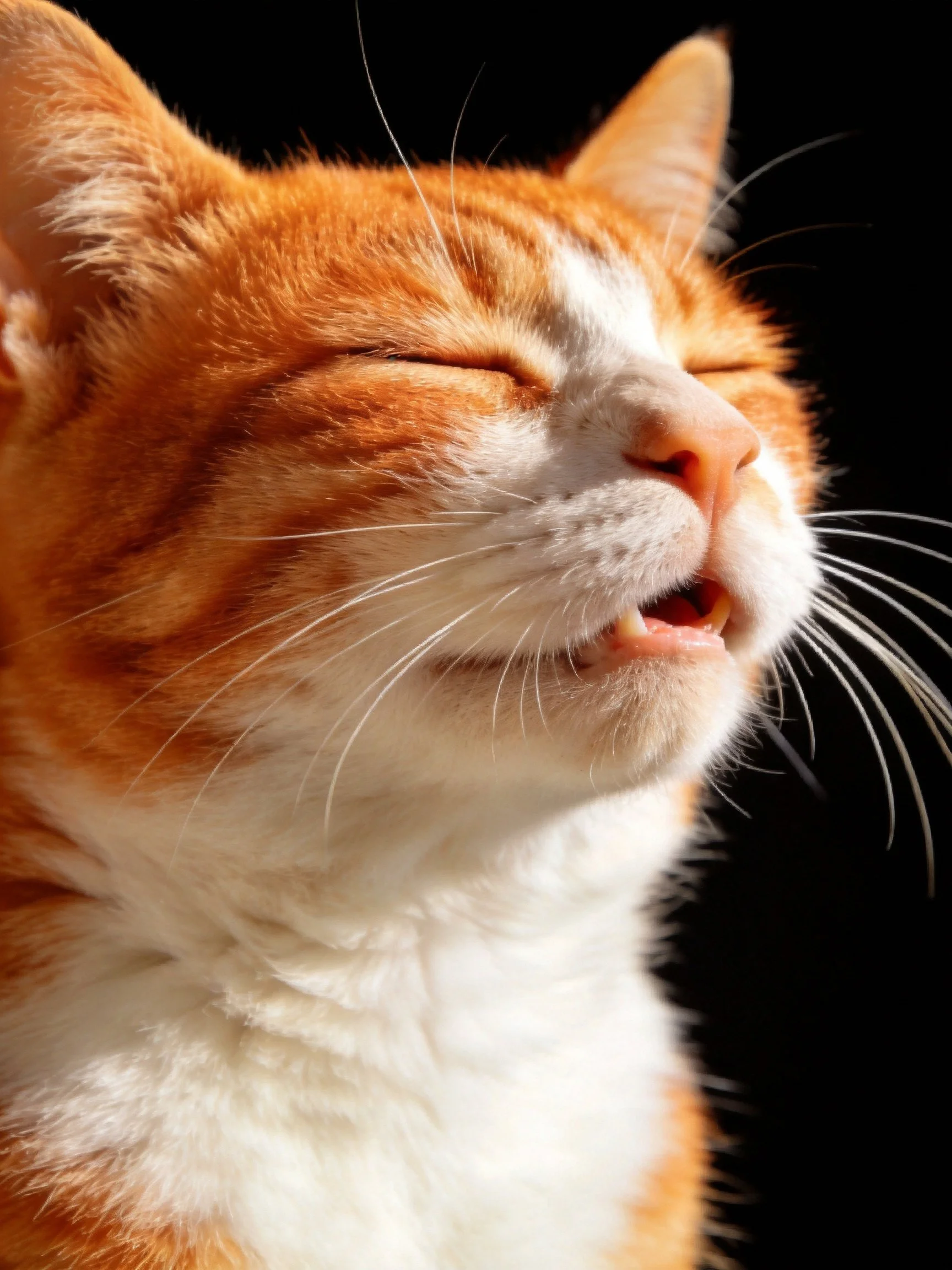 A close-up of an orange and white cat with closed eyes suggests relaxation.