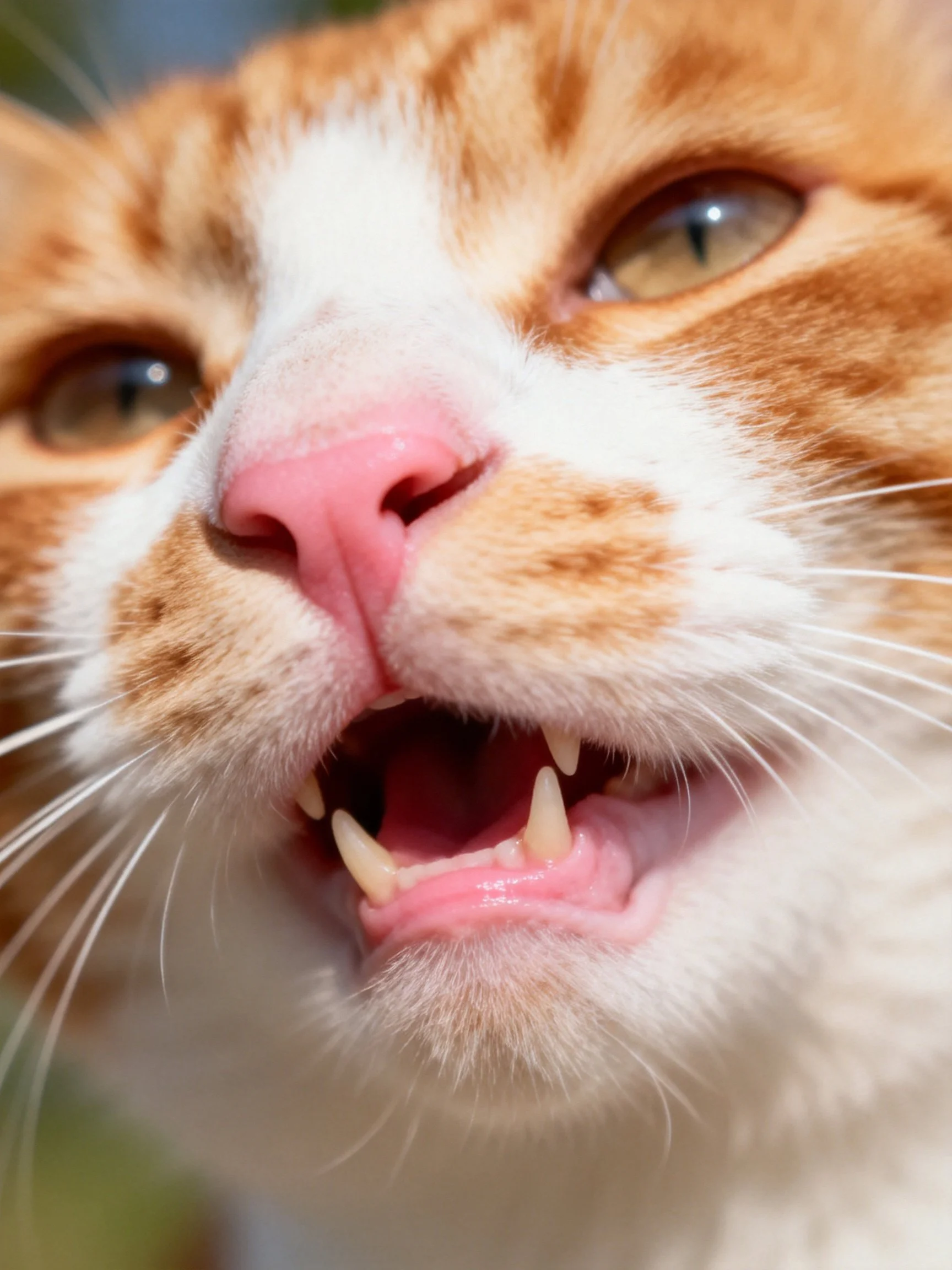 A close-up reveals an orange and white cat displaying its teeth.