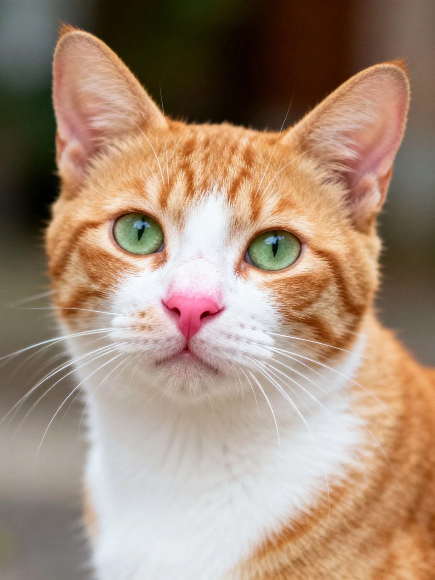 A close - up of an orange and white cat with vivid green eyes is shown.