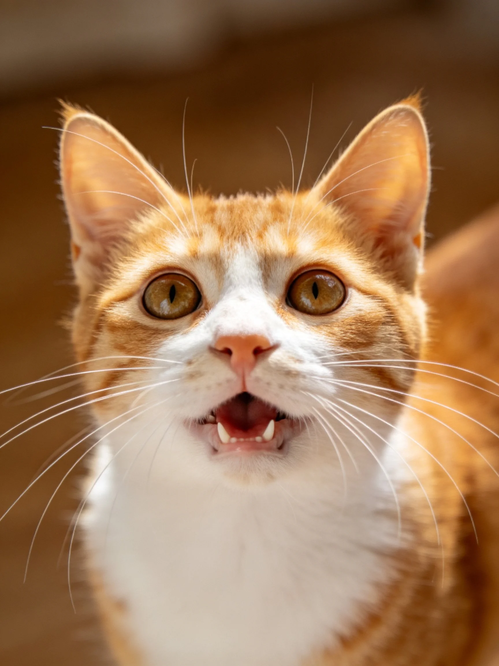 An orange and white cat looks directly at the camera with wide eyes.