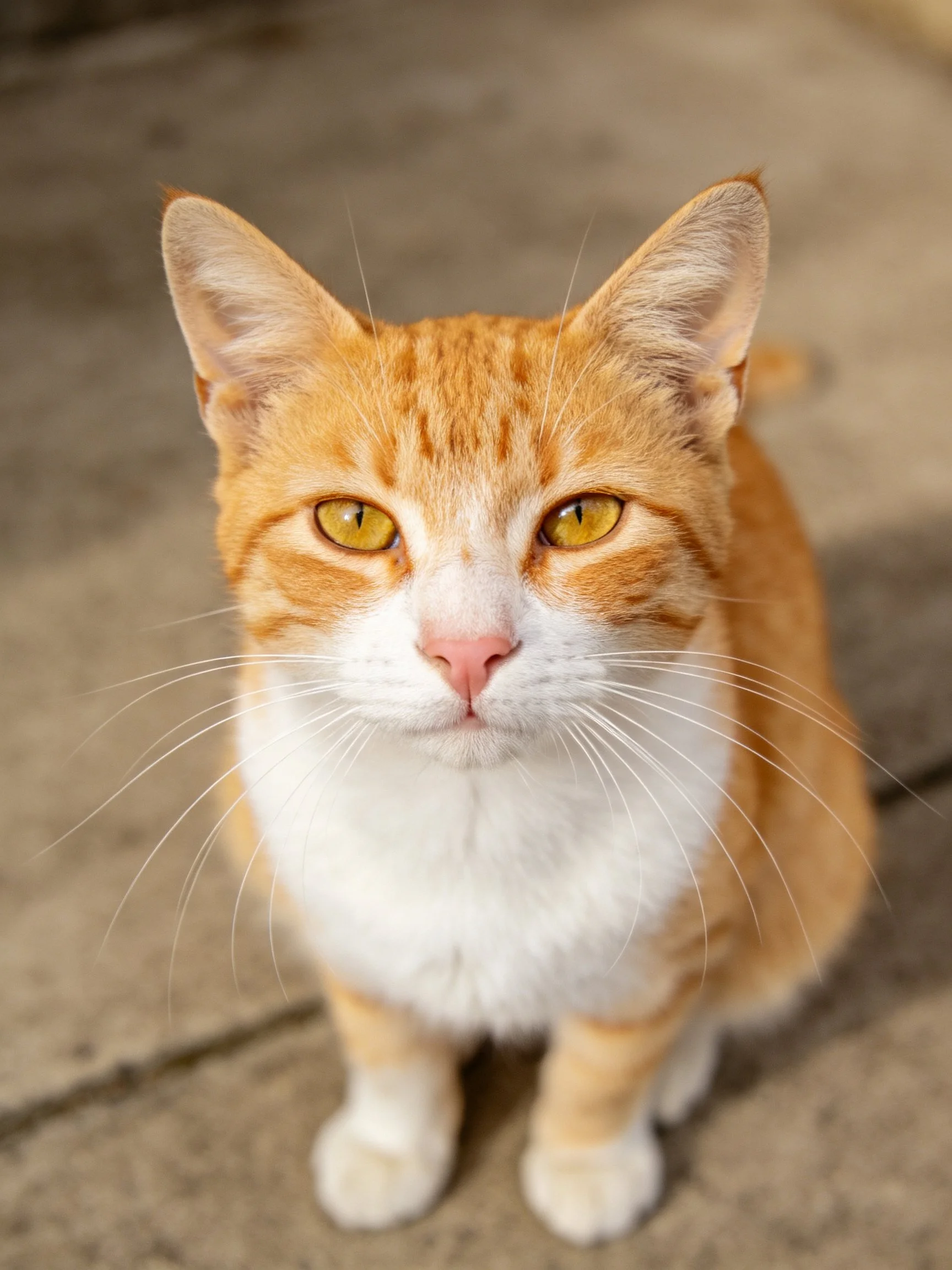 An orange and white cat gazes directly at the camera.
