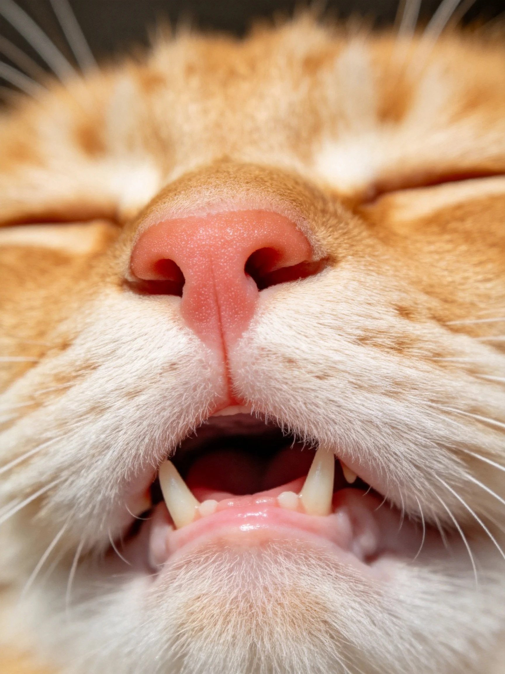 A close-up view of a relaxed orange and white cat’s face highlighting its nose and teeth.