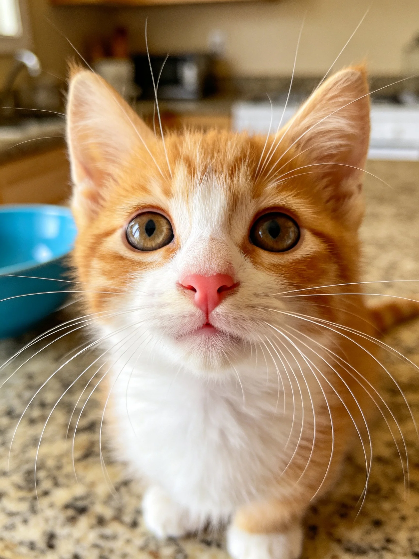 A close - up of an orange and white kitten on a kitchen surface.