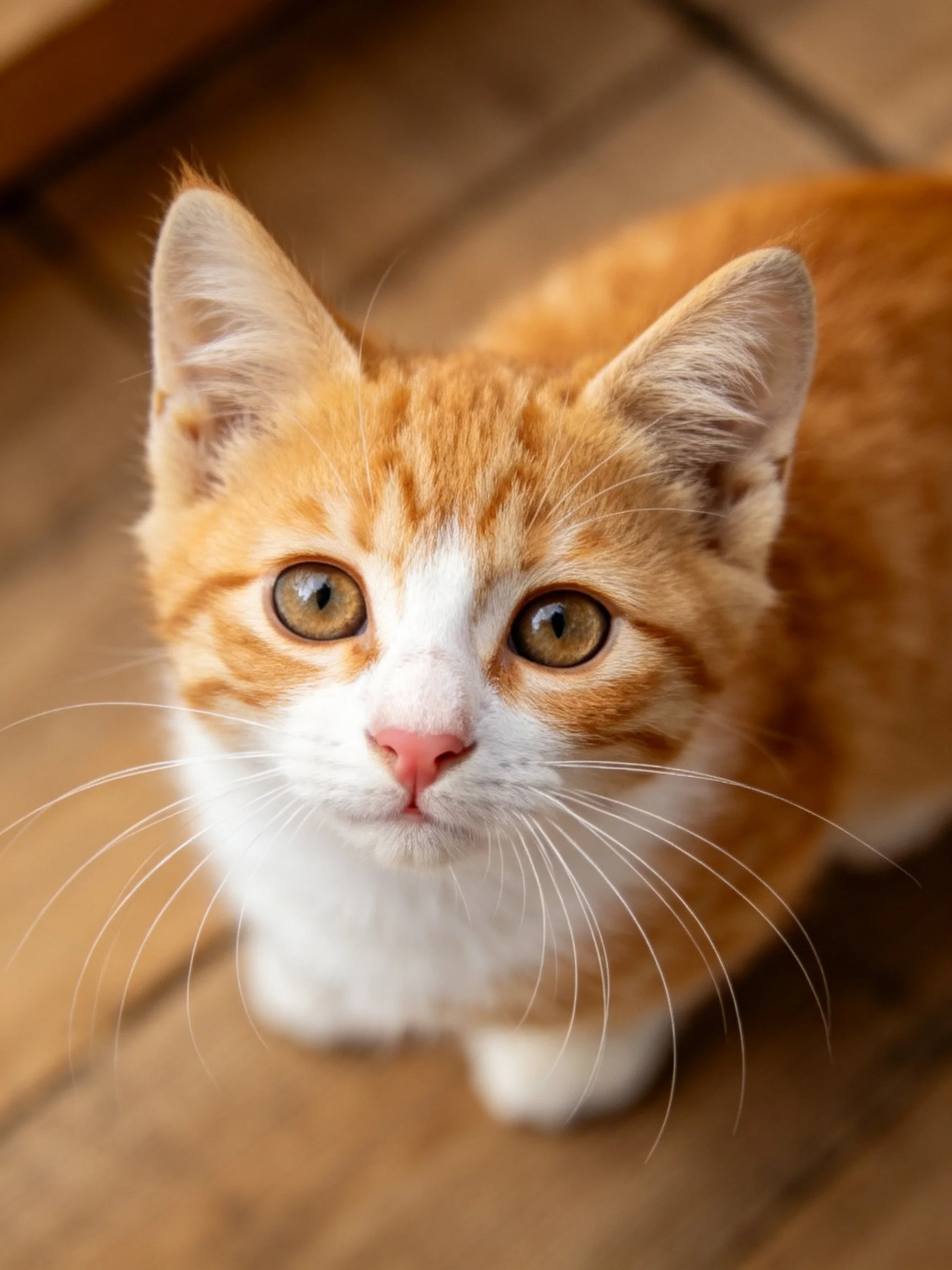 An orange and white kitten gazes upward with wide eyes.