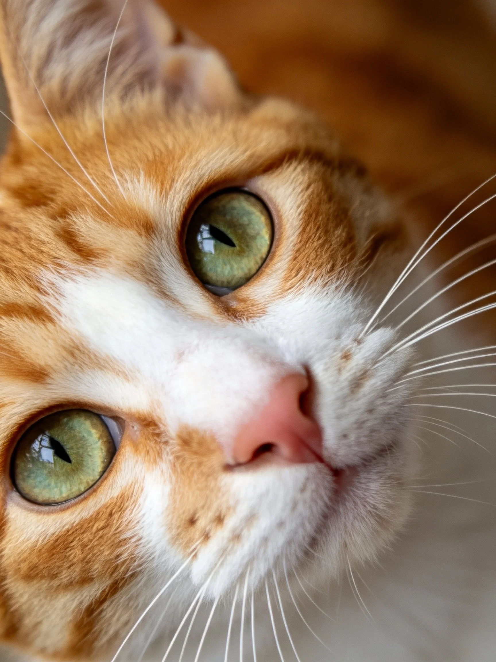 Close-up of an orange and white tabby cat with bright green eyes