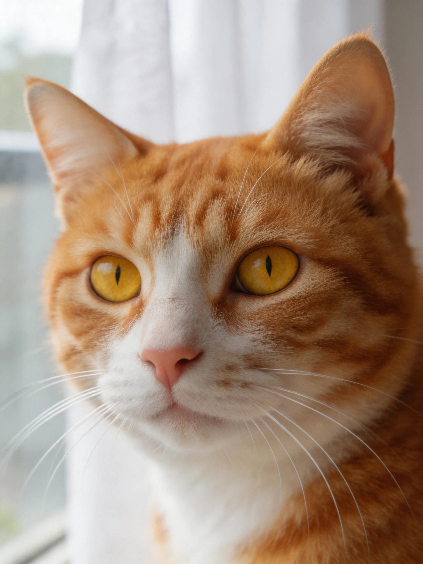An orange and white tabby cat looks calmly near a softly lit window.