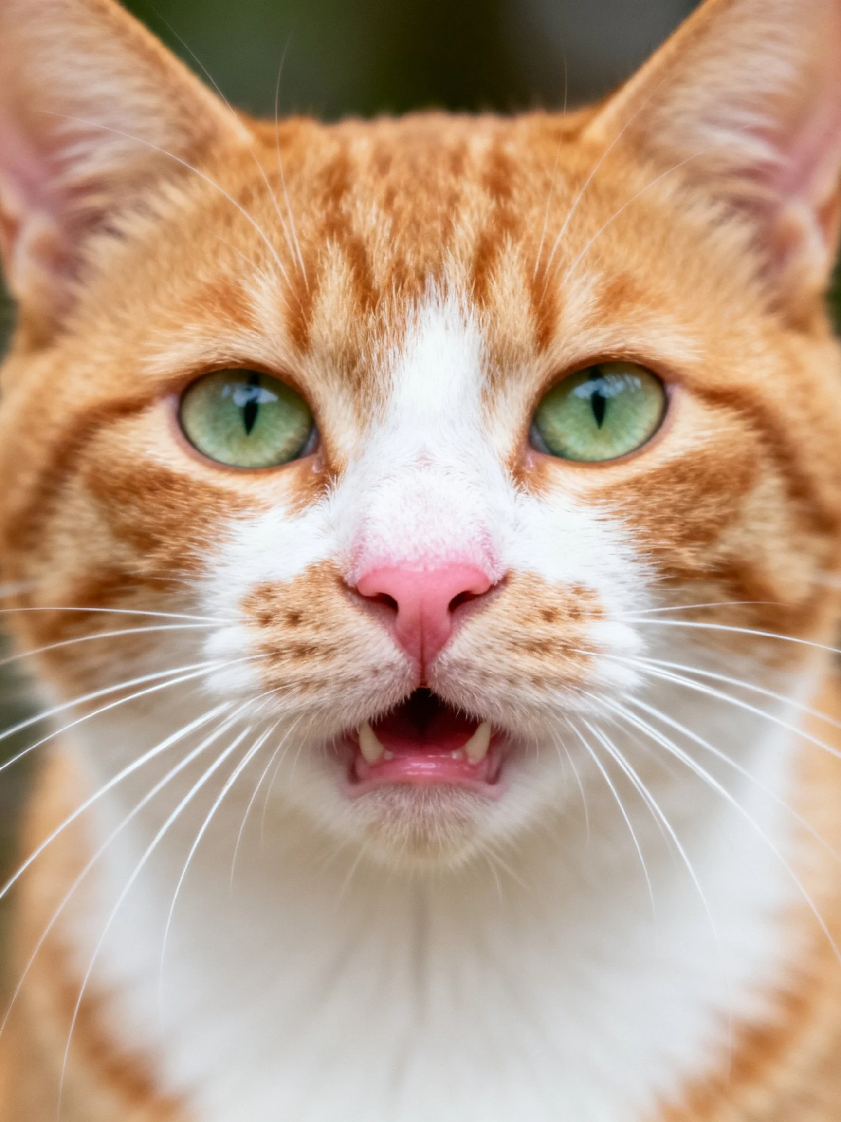 A close - up shows an orange and white tabby cat with green eyes.