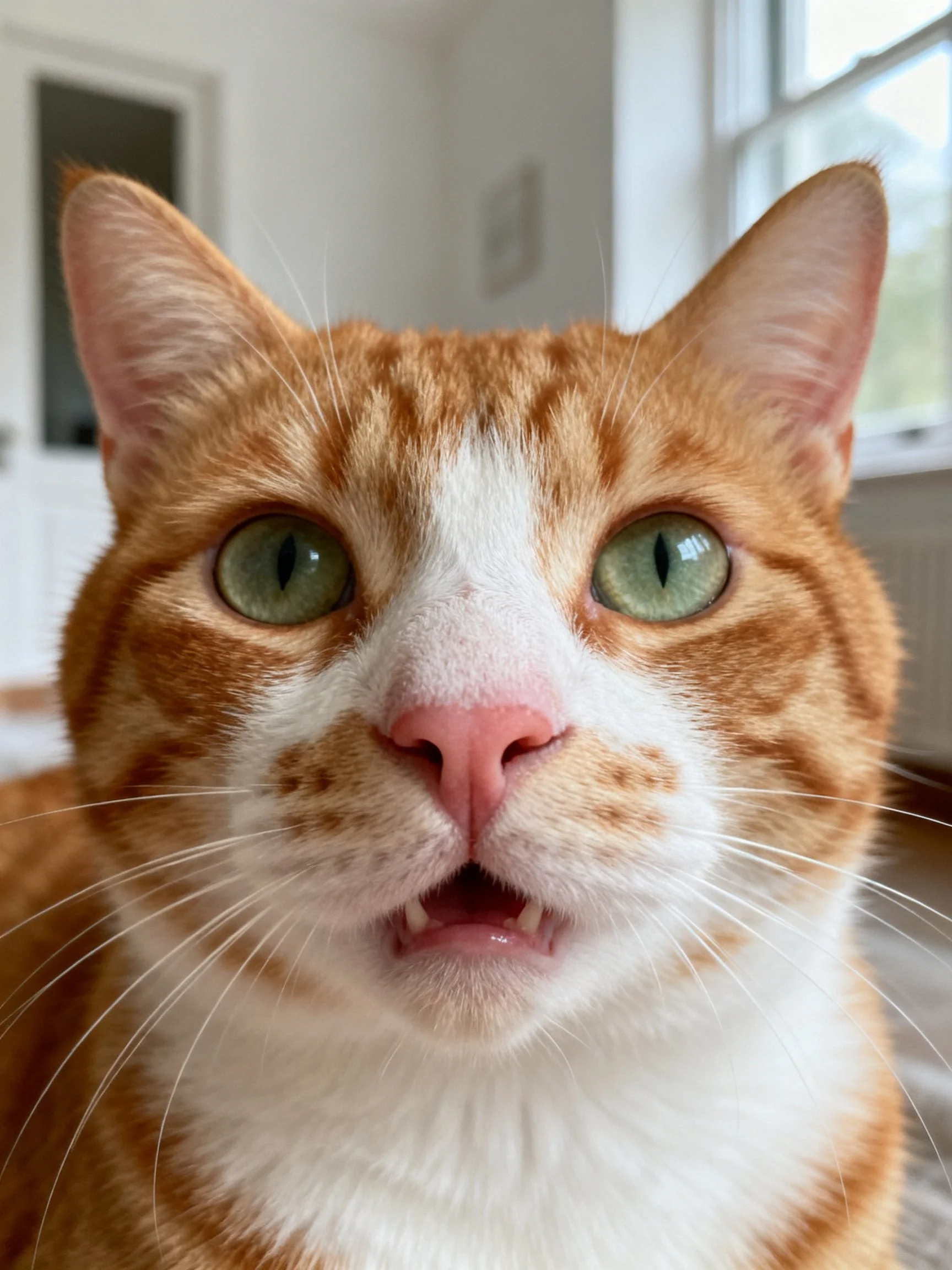 A close-up of an orange and white tabby cat with green eyes in a well-lit room.