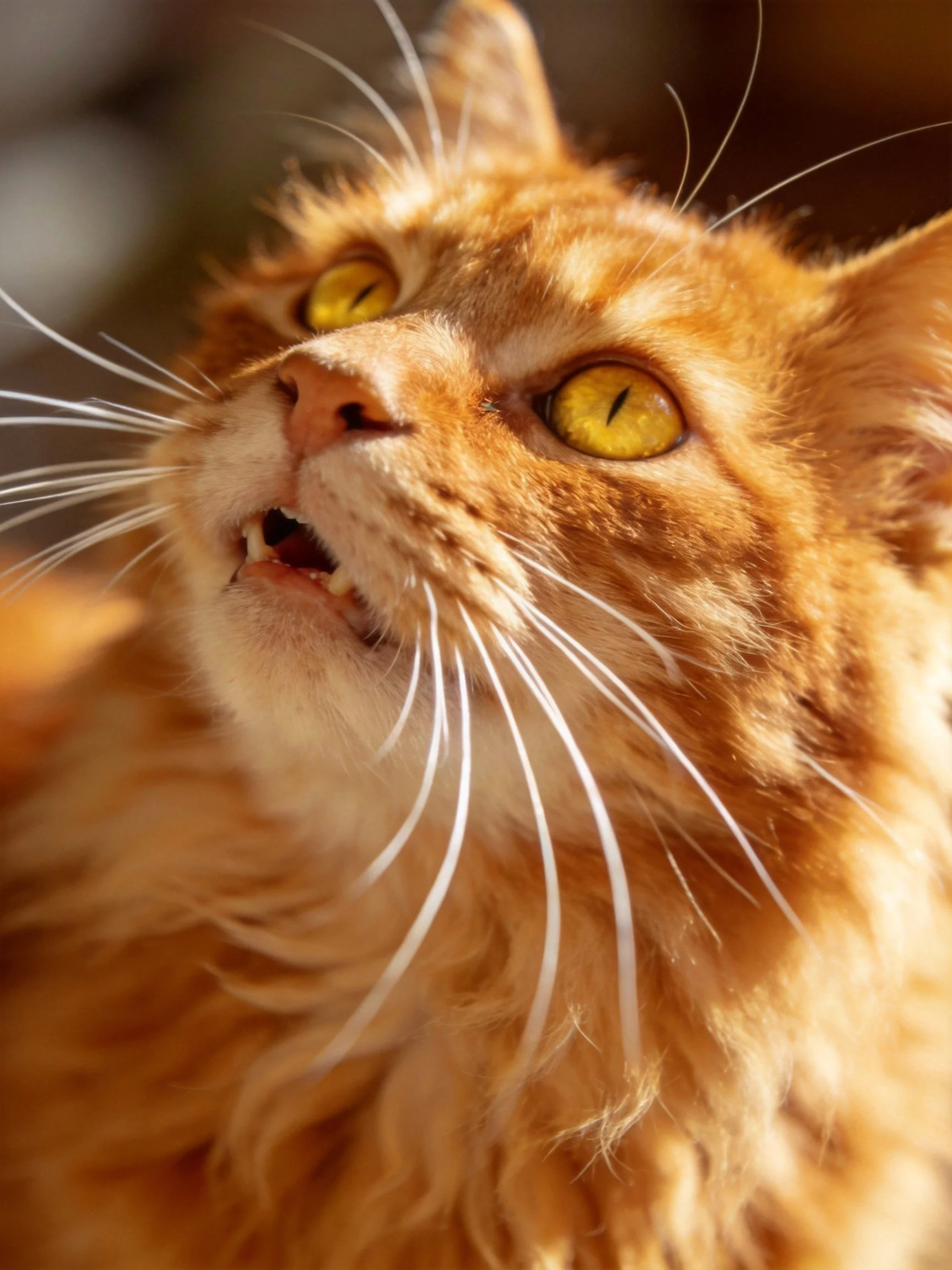 A close-up shows an orange cat with vivid yellow eyes.