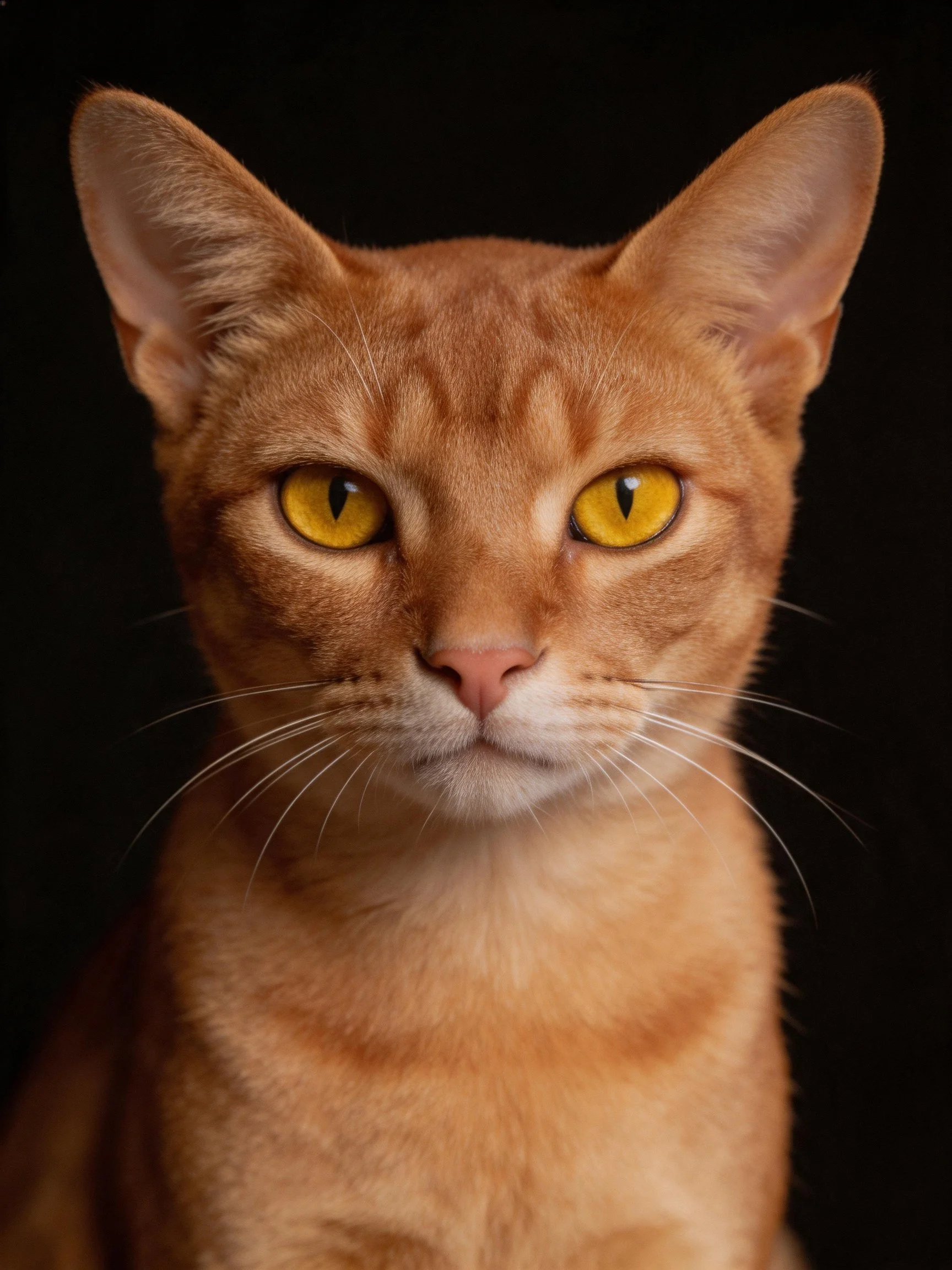 An orange cat with vivid yellow eyes is photographed up close.
