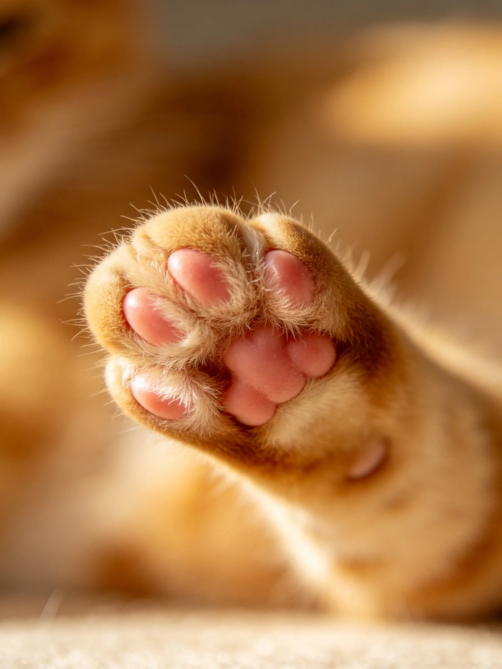 A close - up of an orange cat’s paw with pink pads and fur.