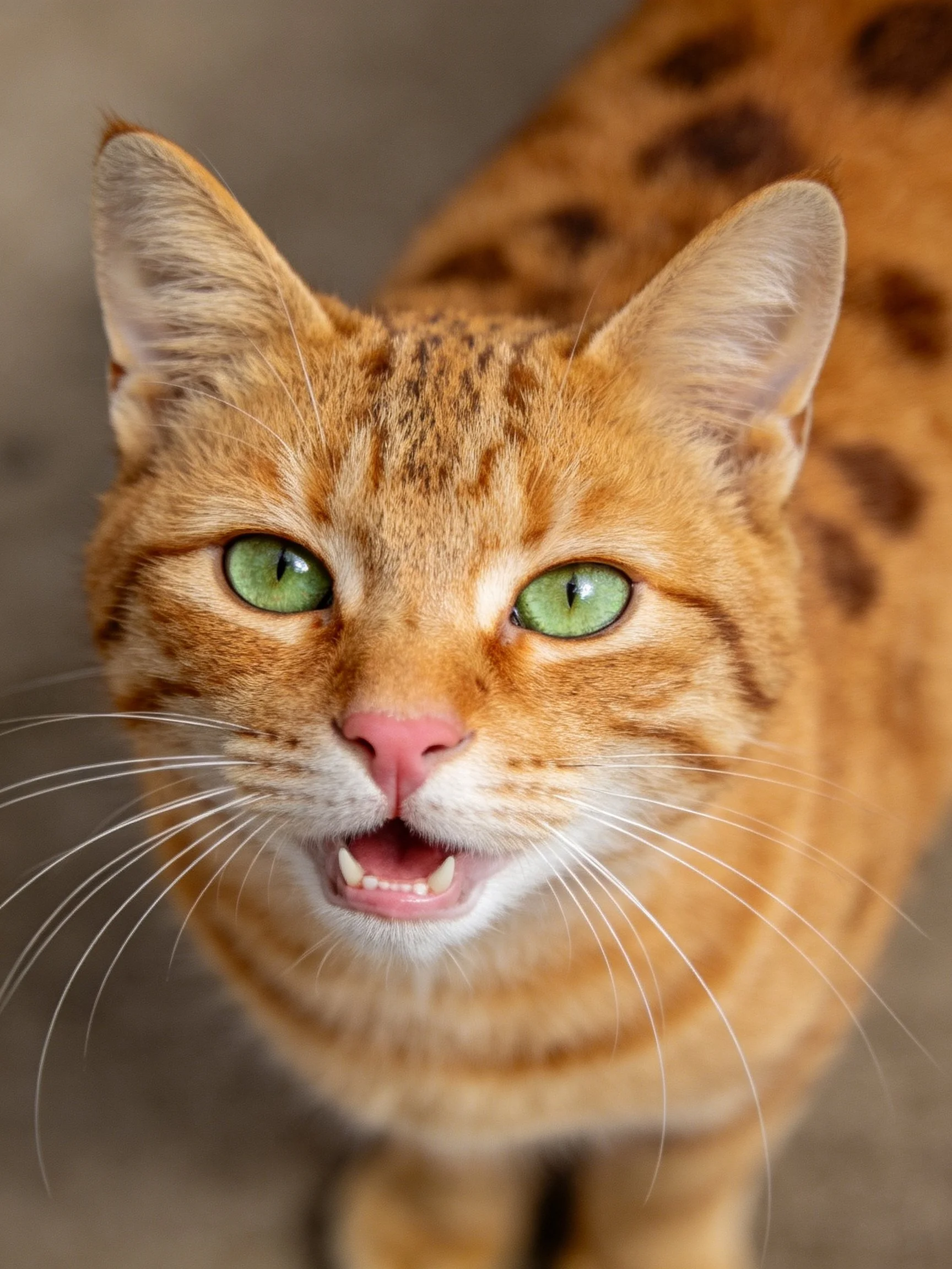 An orange-spotted cat with bright green eyes is photographed closely.