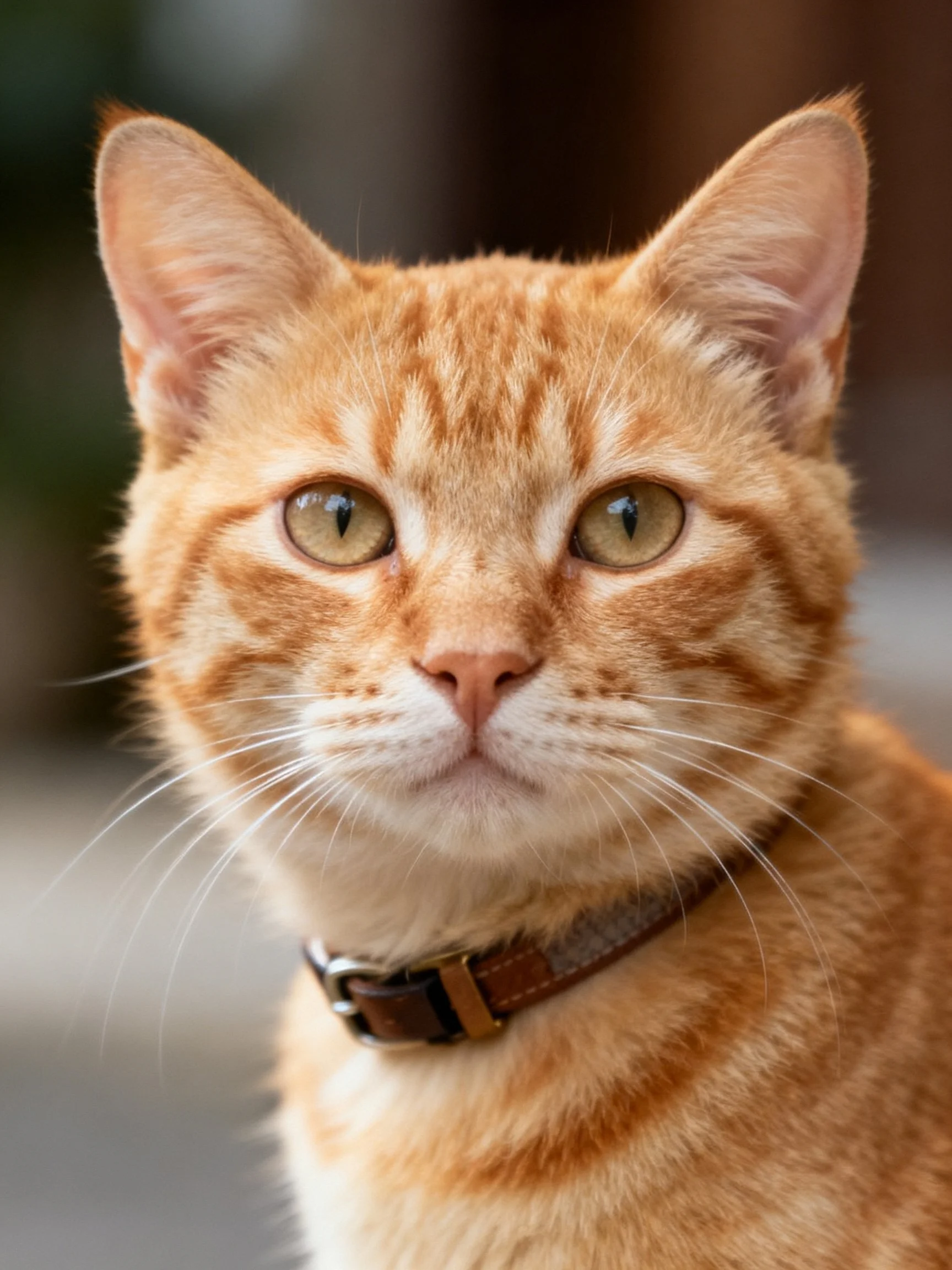A orange tabby cat with a brown collar is shown in a close-up photograph.