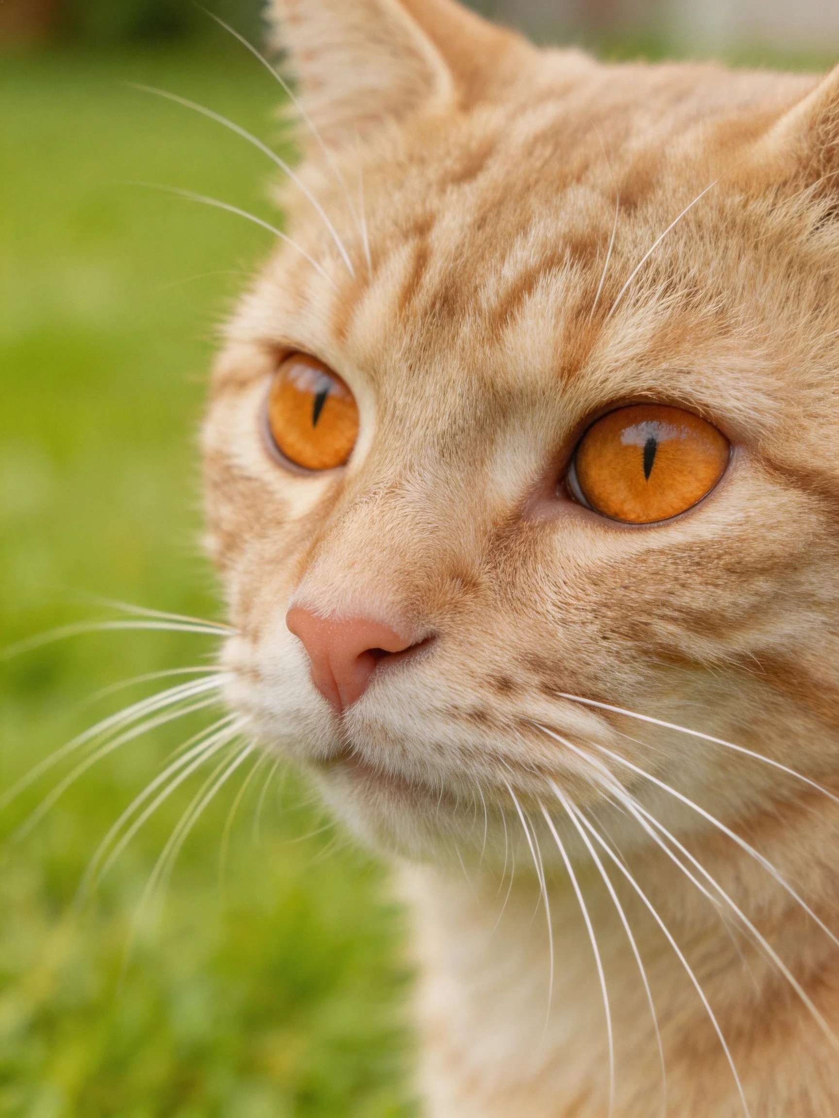 A close - up of an orange tabby cat with amber eyes in a green outdoor setting.