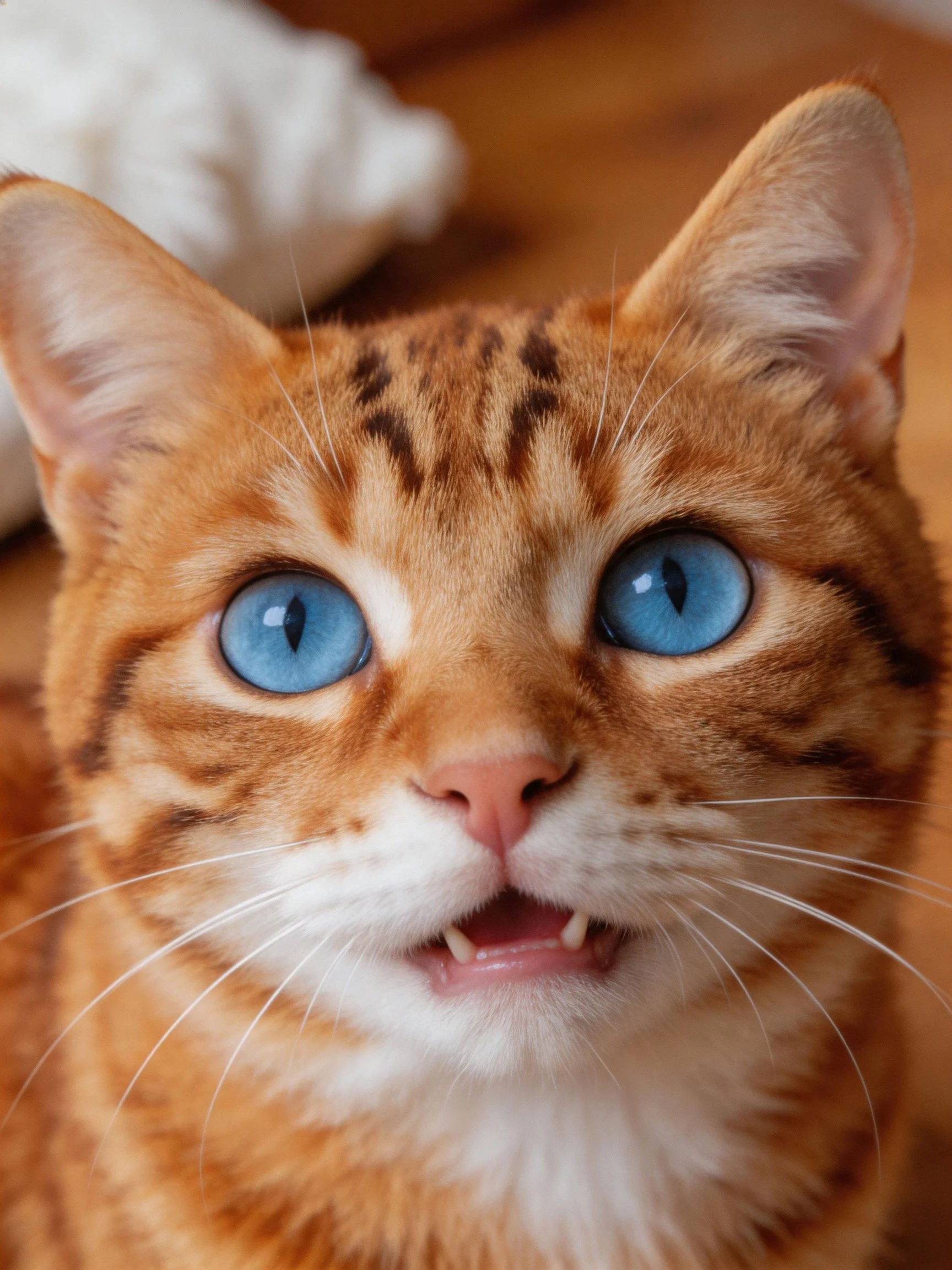 Orange tabby cat with bright blue eyes photographed closely.
