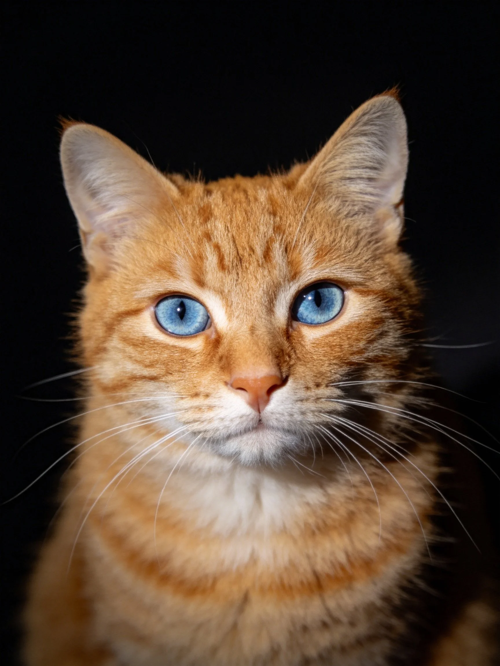 A close-up portrait of an orange tabby cat with bright blue eyes against a dark background.