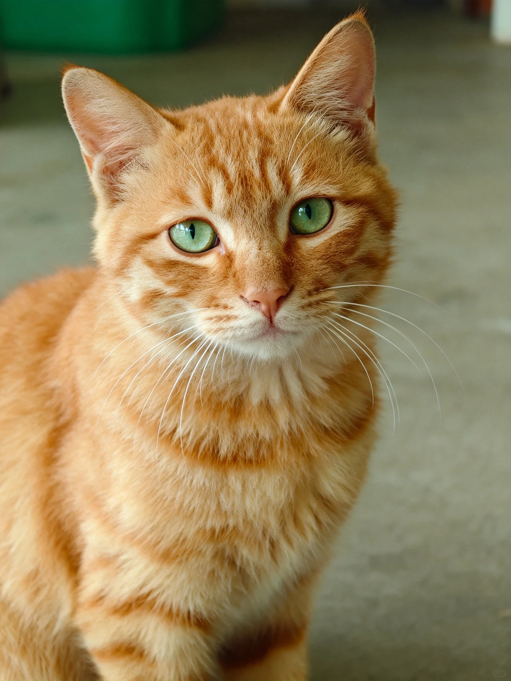 An orange tabby cat with bright green eyes is shown in focus.