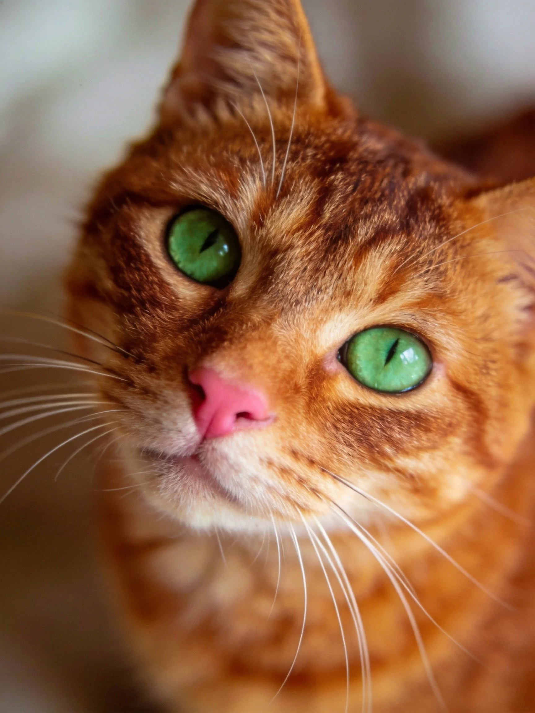 A close-up reveals an orange tabby cat with striking green eyes.