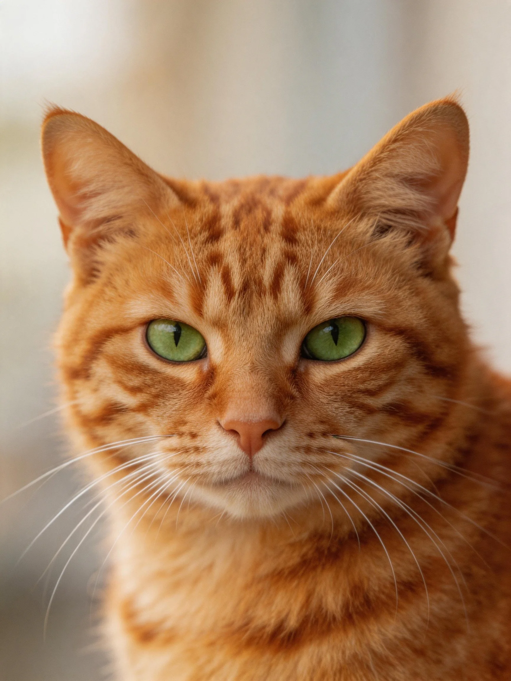 A close-up highlights an orange tabby cat with striking green eyes.