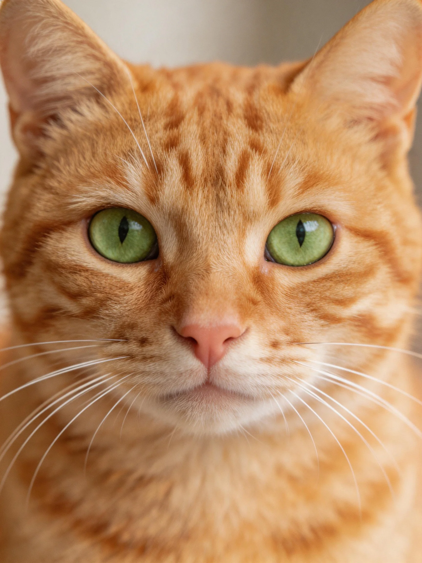 A close-up shows an orange tabby cat with vivid green eyes.