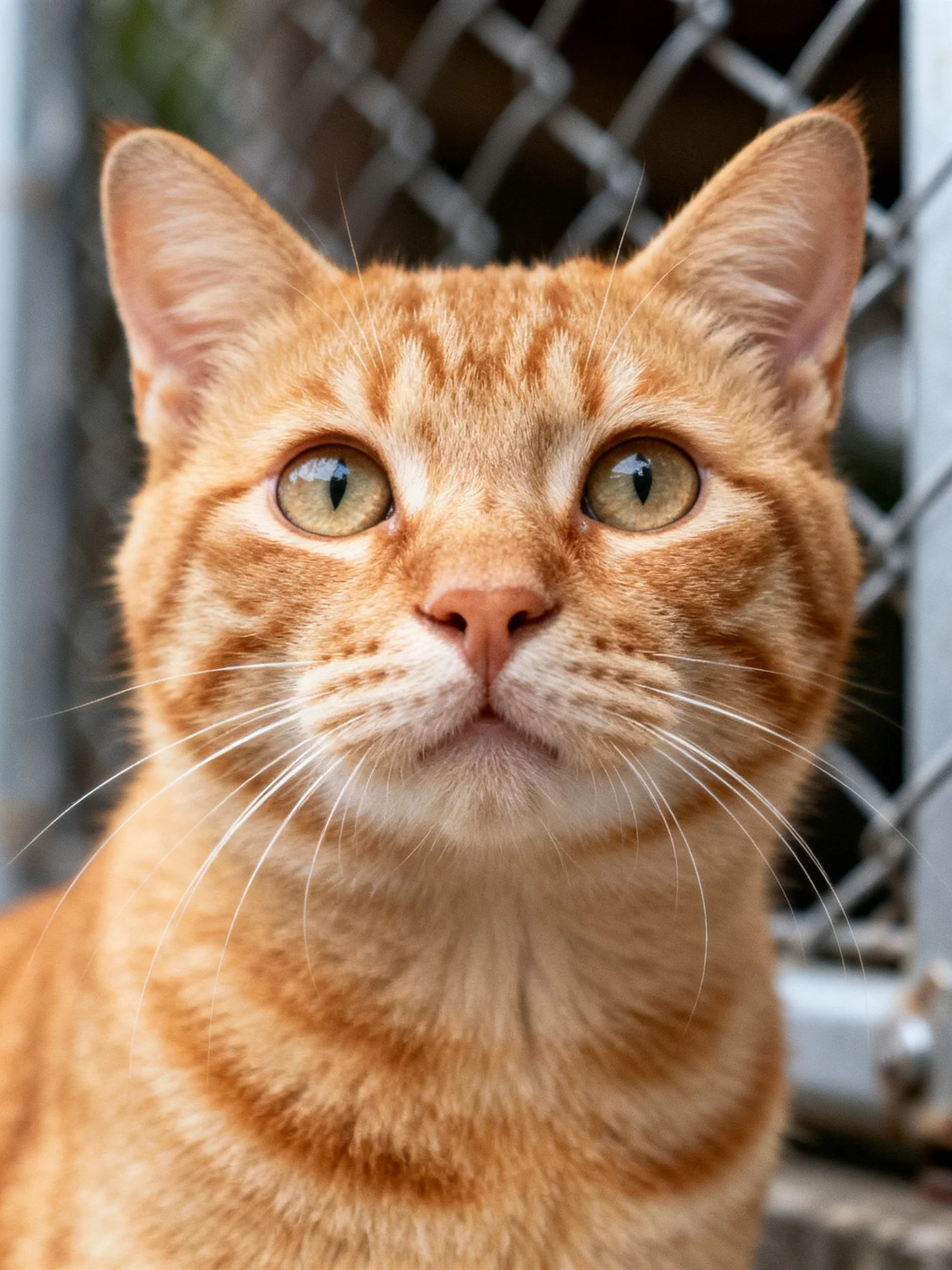 Orange tabby cat gazes forward with bright green eyes near a chain link fence.