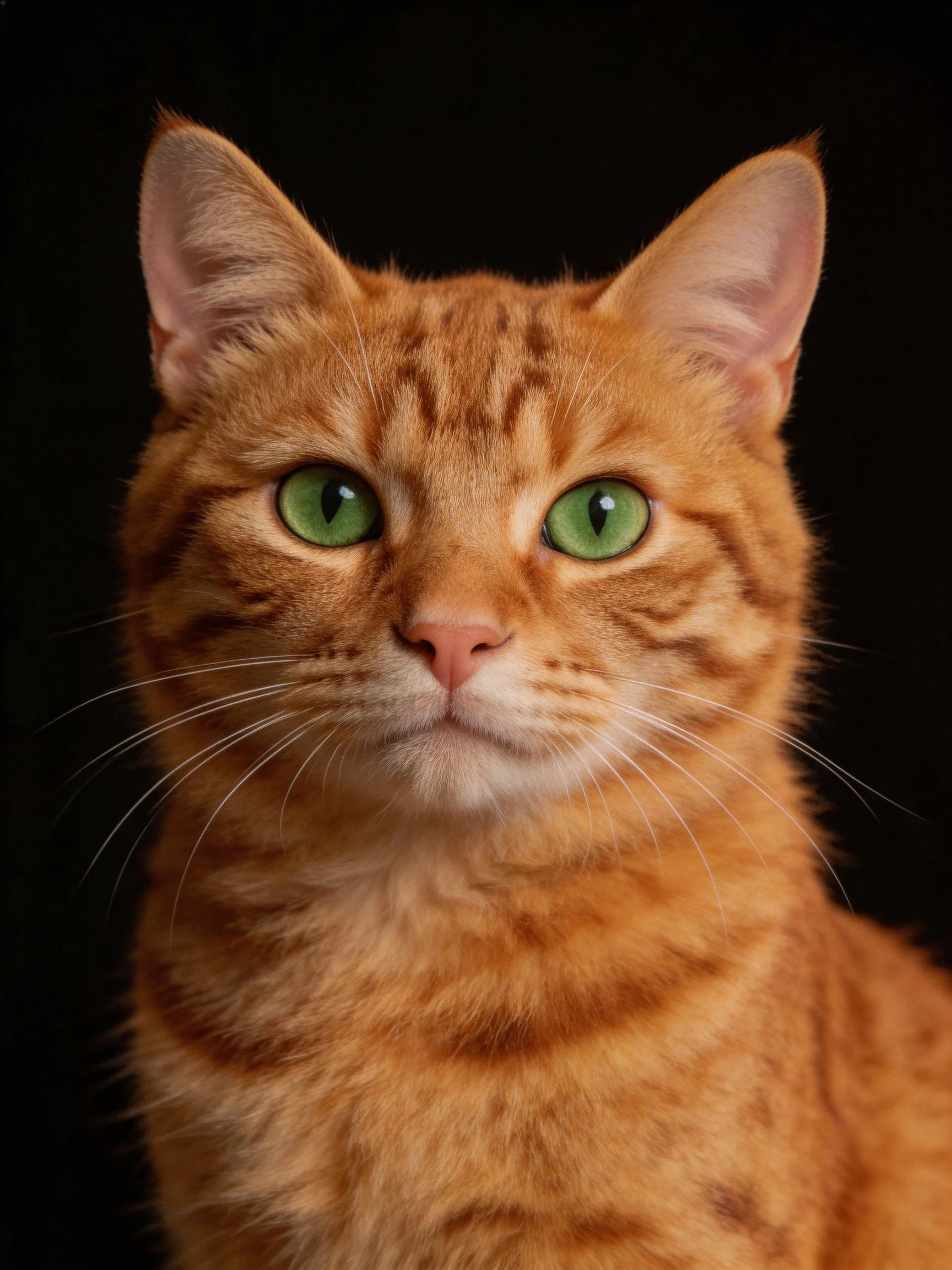 An orange tabby cat with green eyes is photographed up close against a black background.