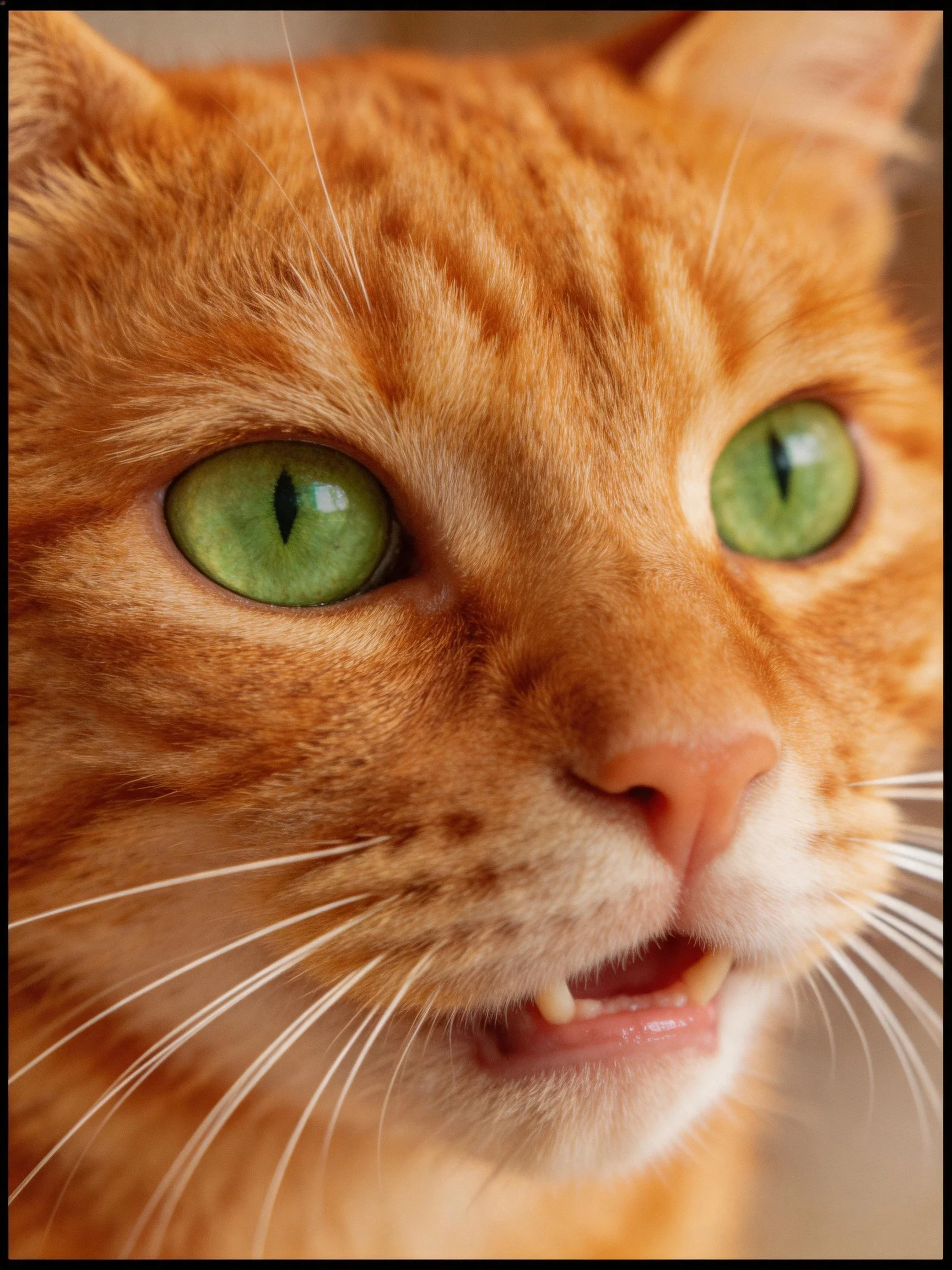 A close-up captures an orange tabby cat with vivid green eyes.