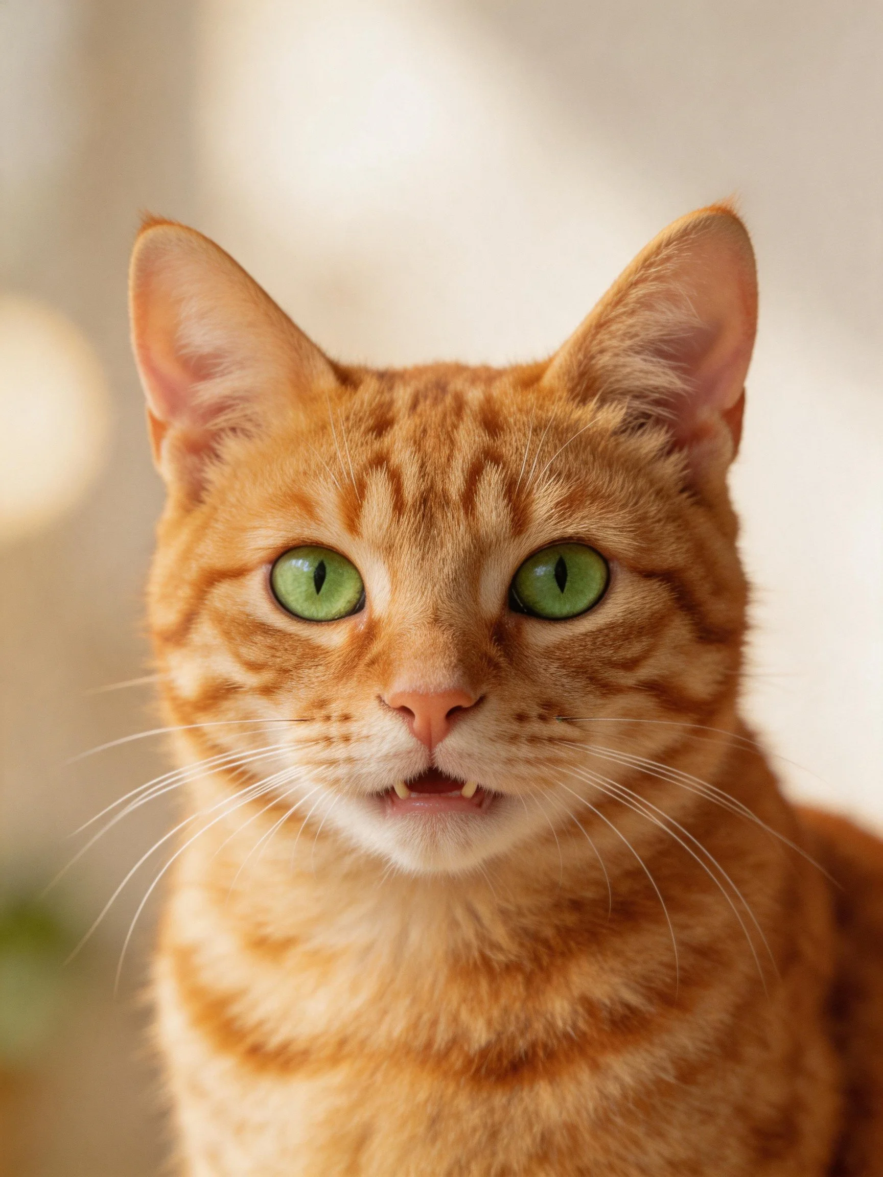 A close - up photograph of an orange tabby cat with green eyes.