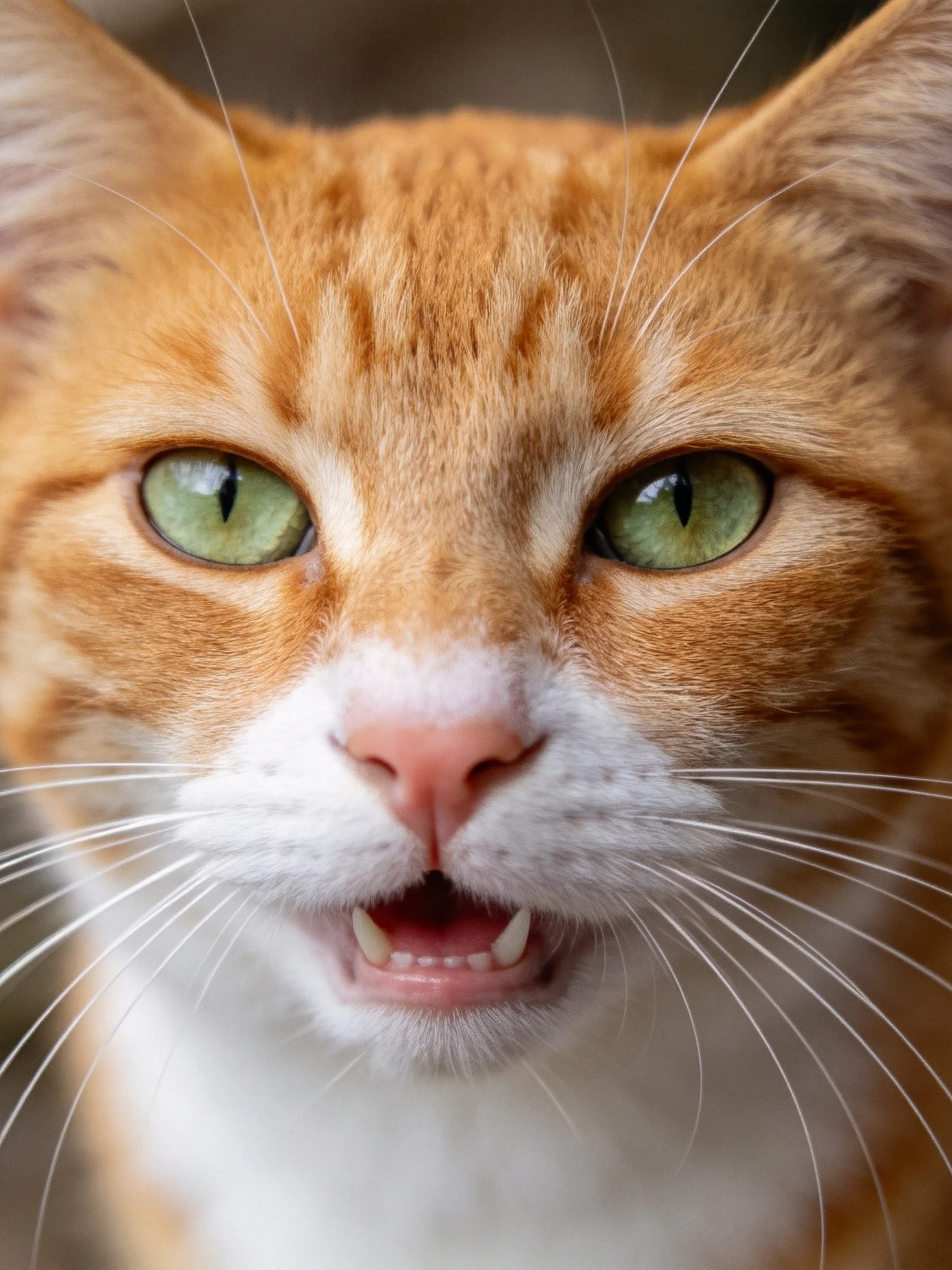 A close - up focuses on an orange tabby cat with green eyes.