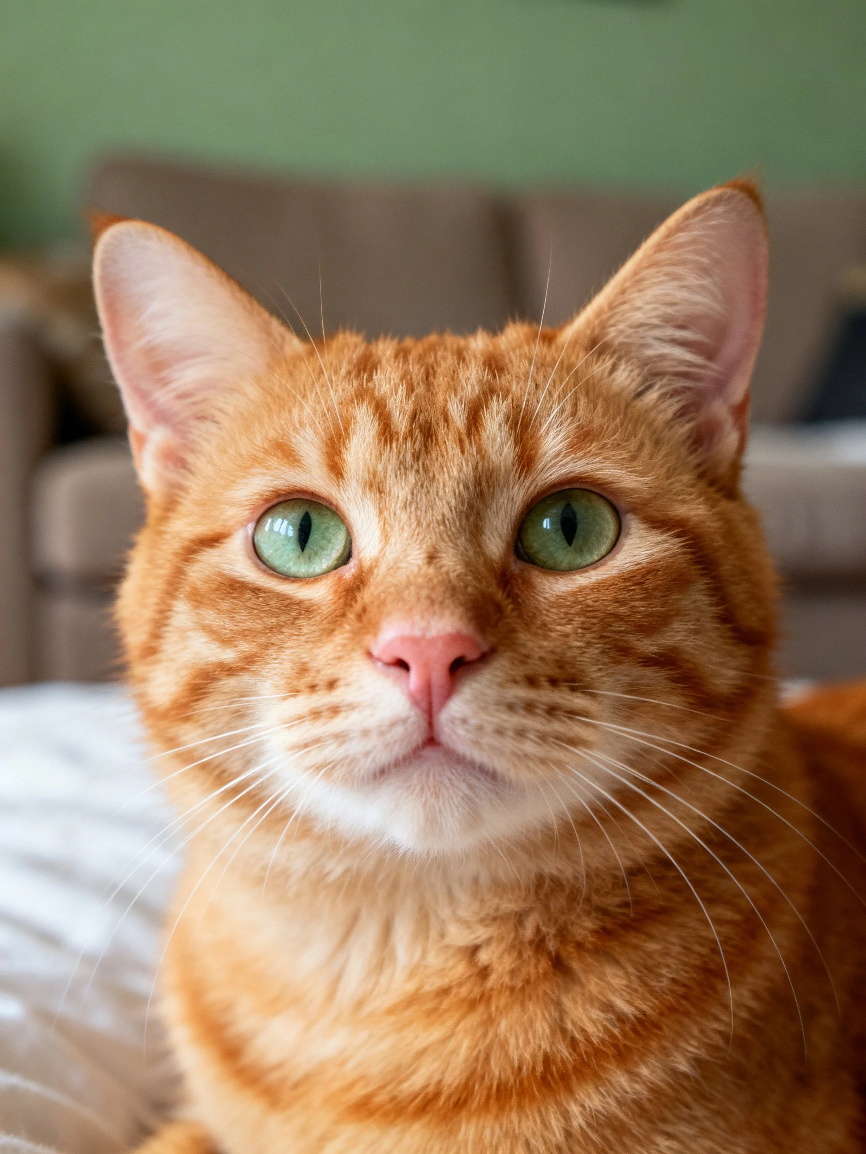A close - up photograph of an orange tabby cat with green eyes.