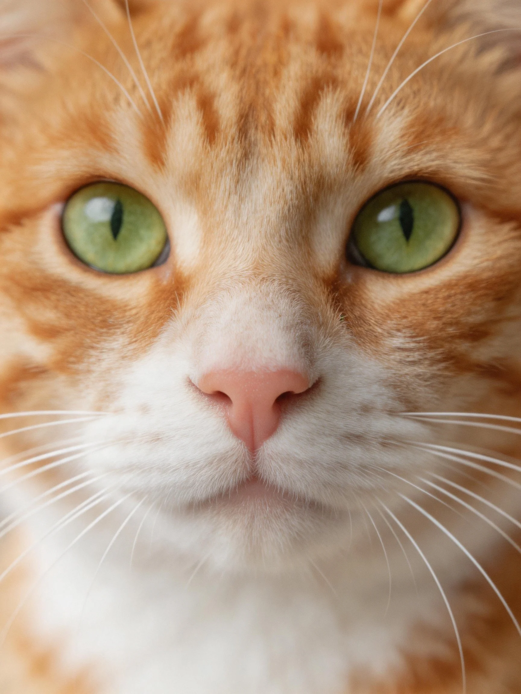 A close-up shows an orange tabby cat with striking green eyes.