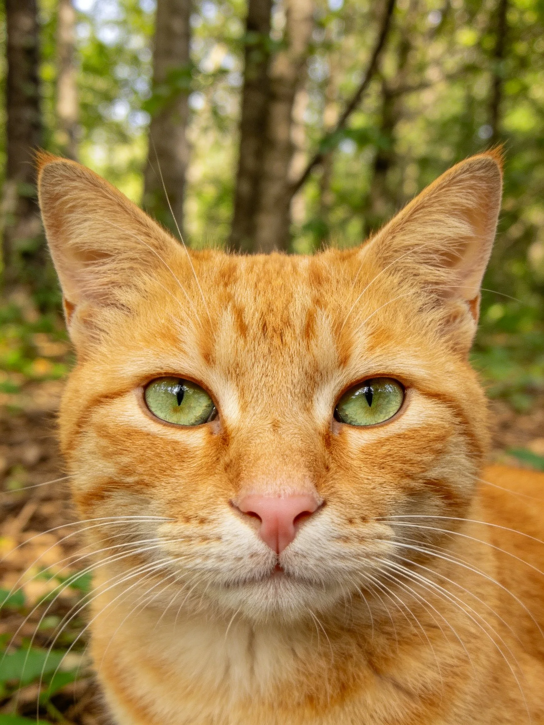 An orange tabby cat with green eyes is photographed closely in a forest.