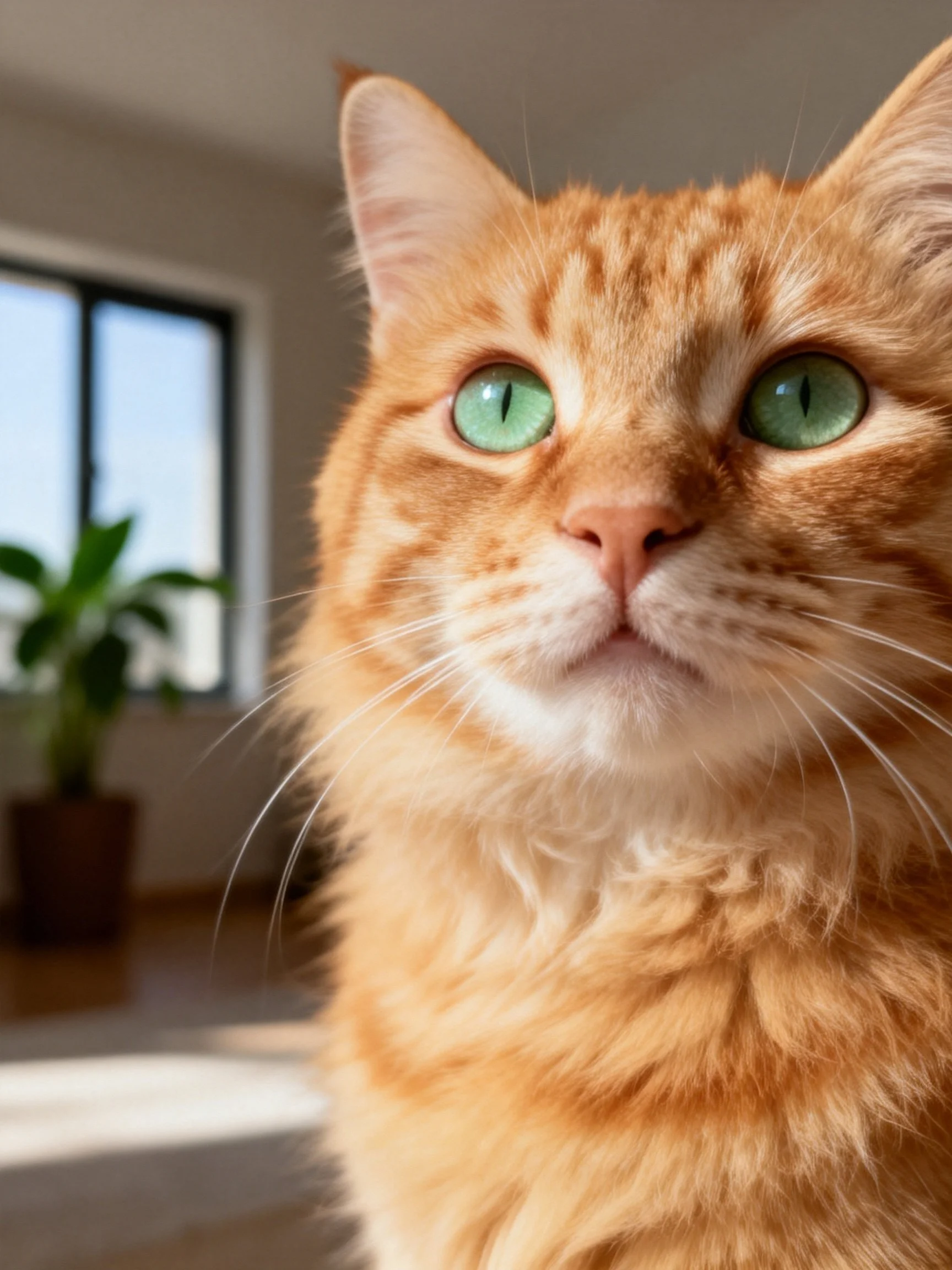 An orange tabby cat with bright green eyes is shown up close in a sunlit room.